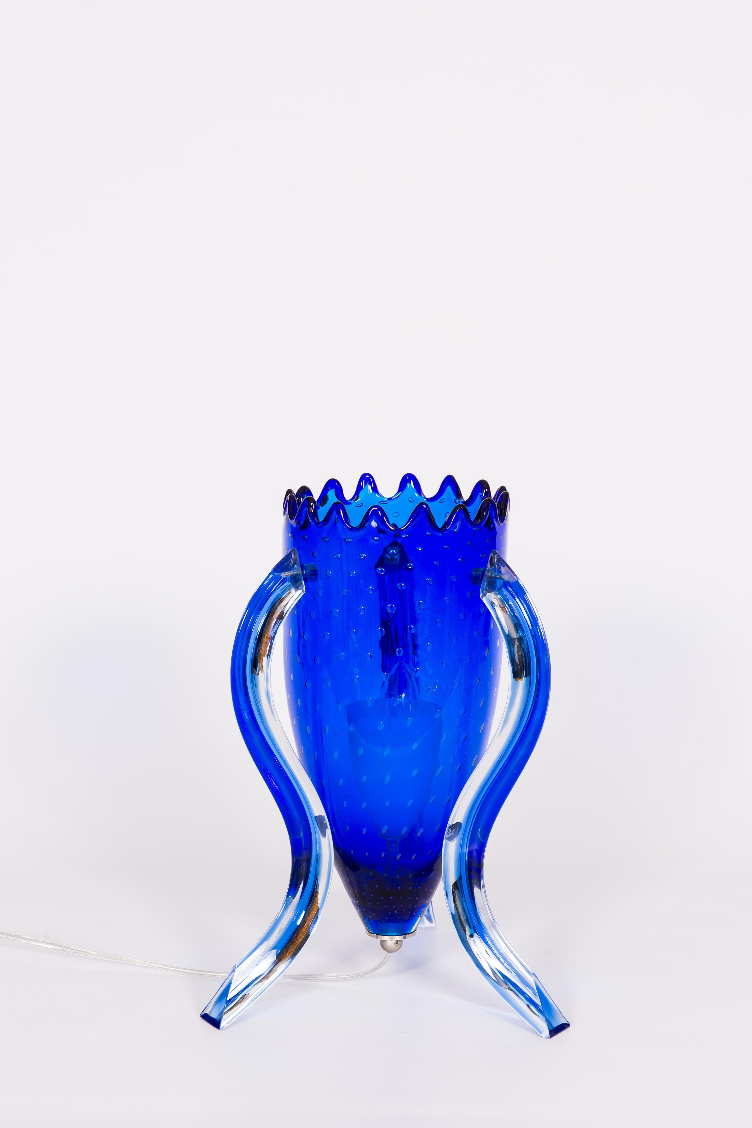 Modern Pair of Blue Murano Glass Table Lamps with Morise Decorations, Italy 1990s For Sale