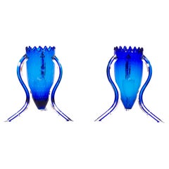 Pair of Blue Murano Glass Table Lamps with Morise Decorations, Italy 1990s