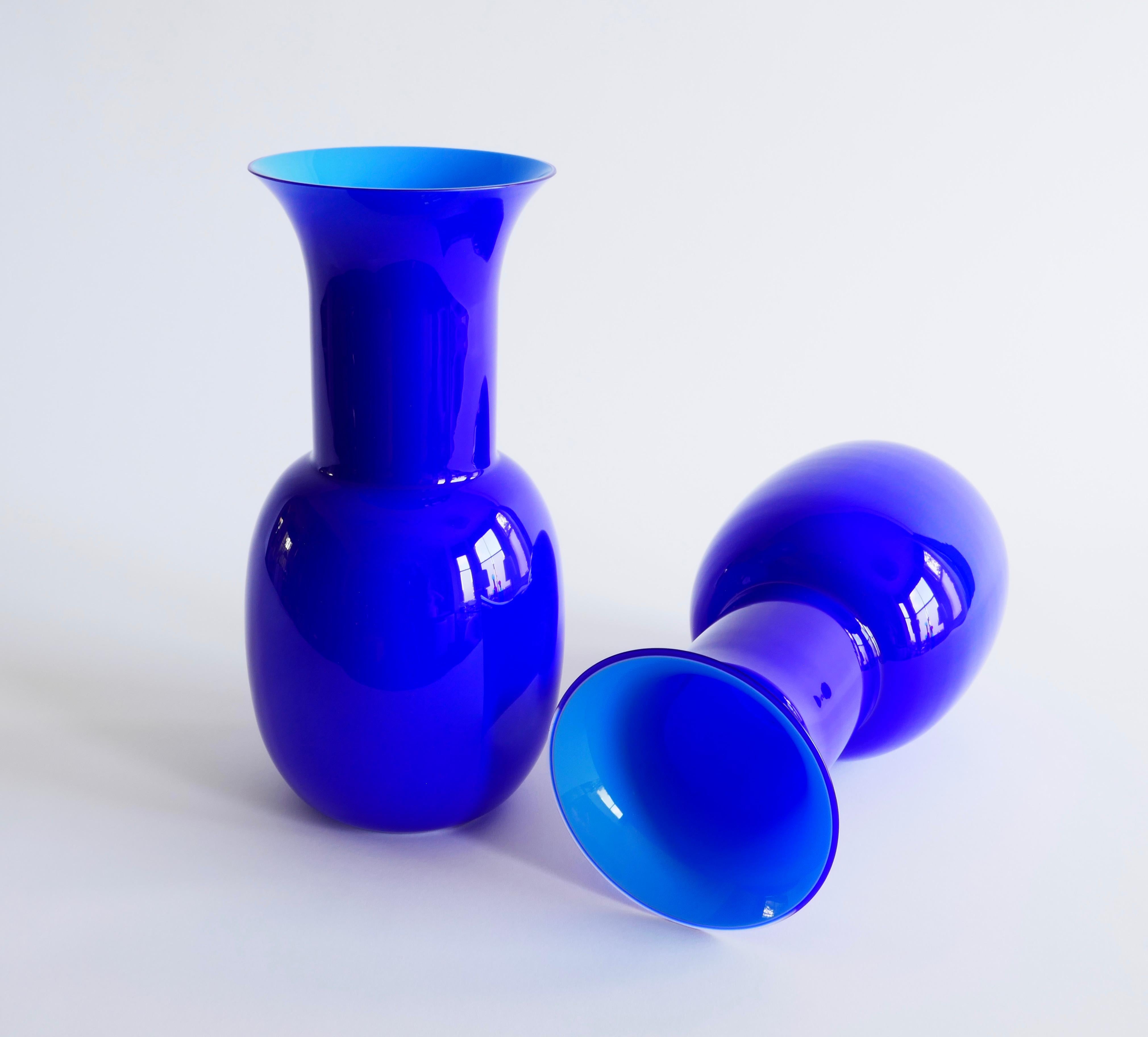 Mid-Century Modern Pair of Blue Murano Glass Vase by Aureliano Toso, 2000, Italy
