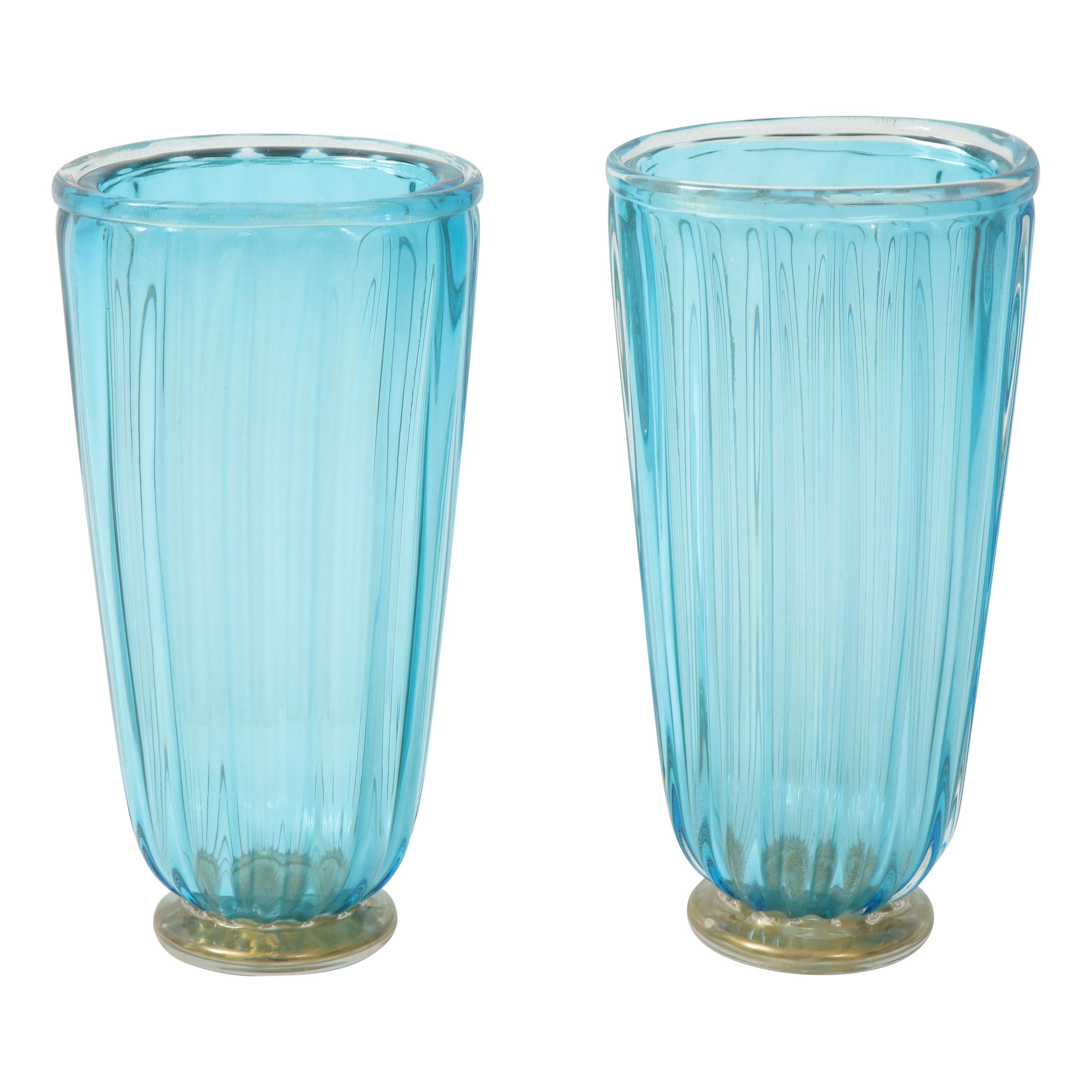 Pair of Blue Murano Glass Vases