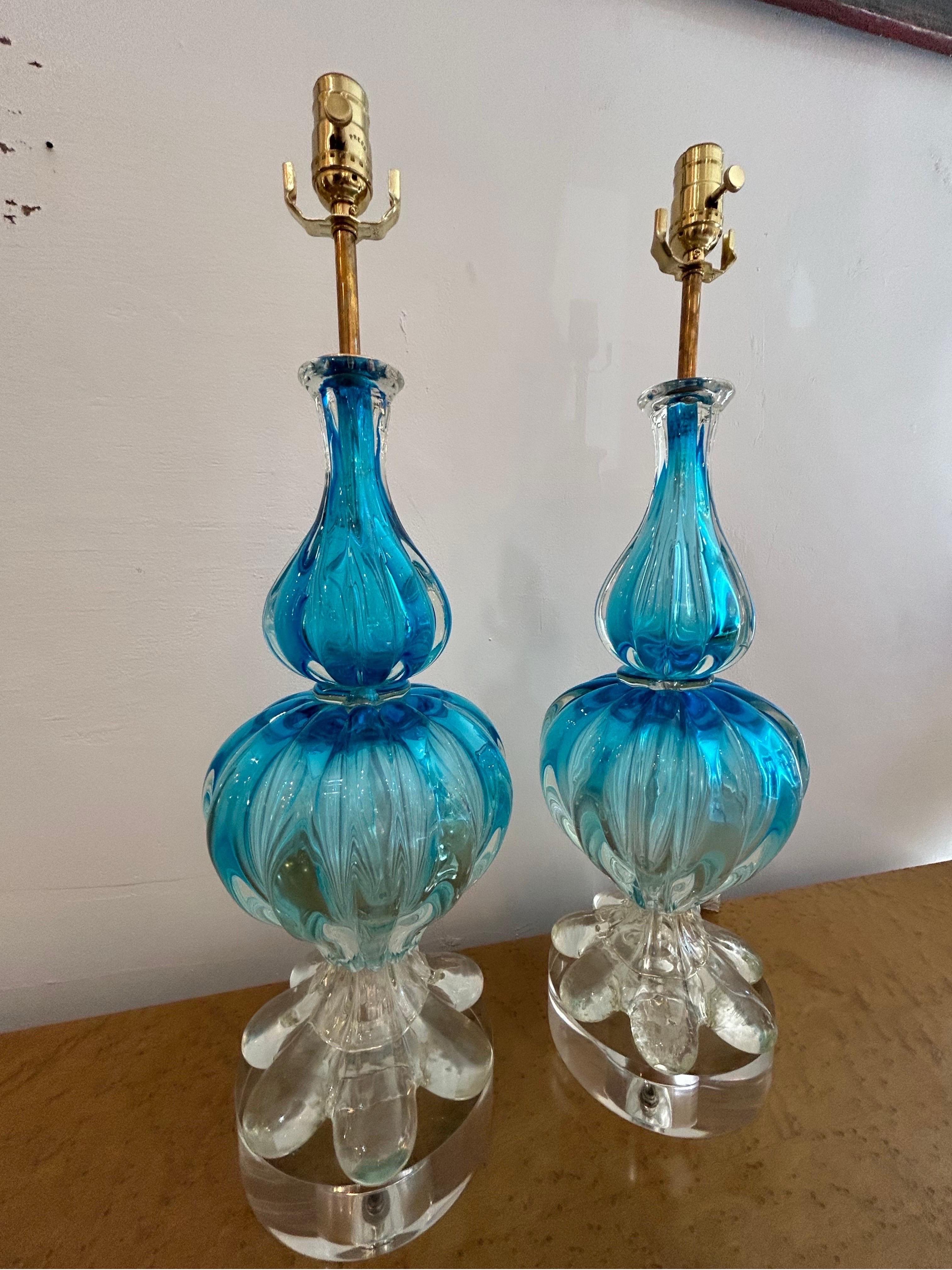 Pair of blue Murano lamps by Seguso For Sale 2