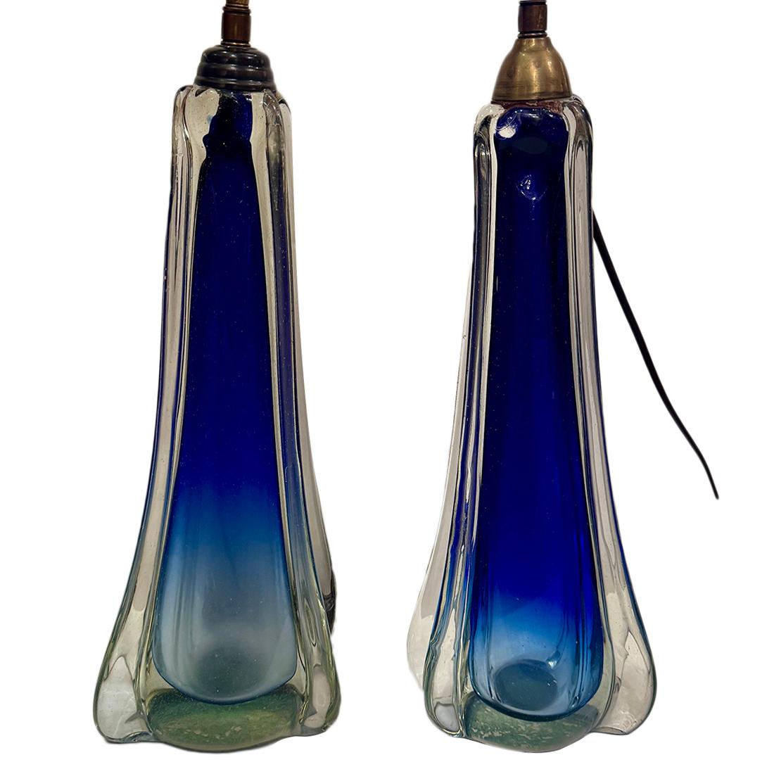 Italian Pair of Blue Murano Lamps For Sale