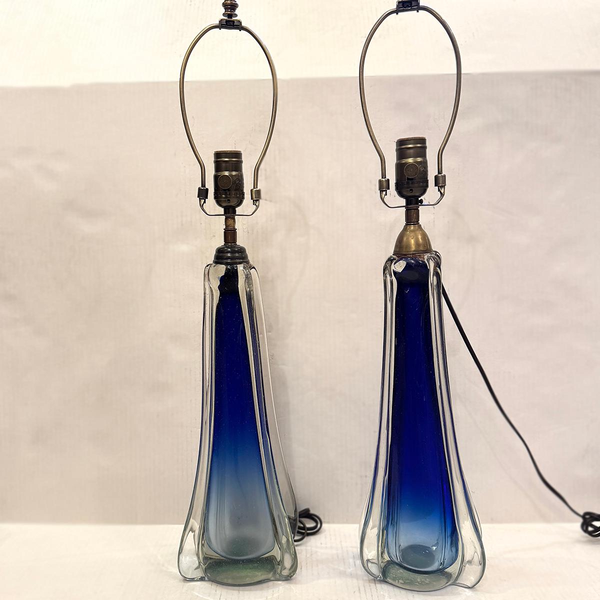 Pair of Blue Murano Lamps In Good Condition For Sale In New York, NY