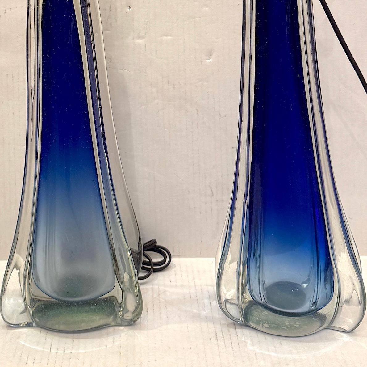 Blown Glass Pair of Blue Murano Lamps For Sale