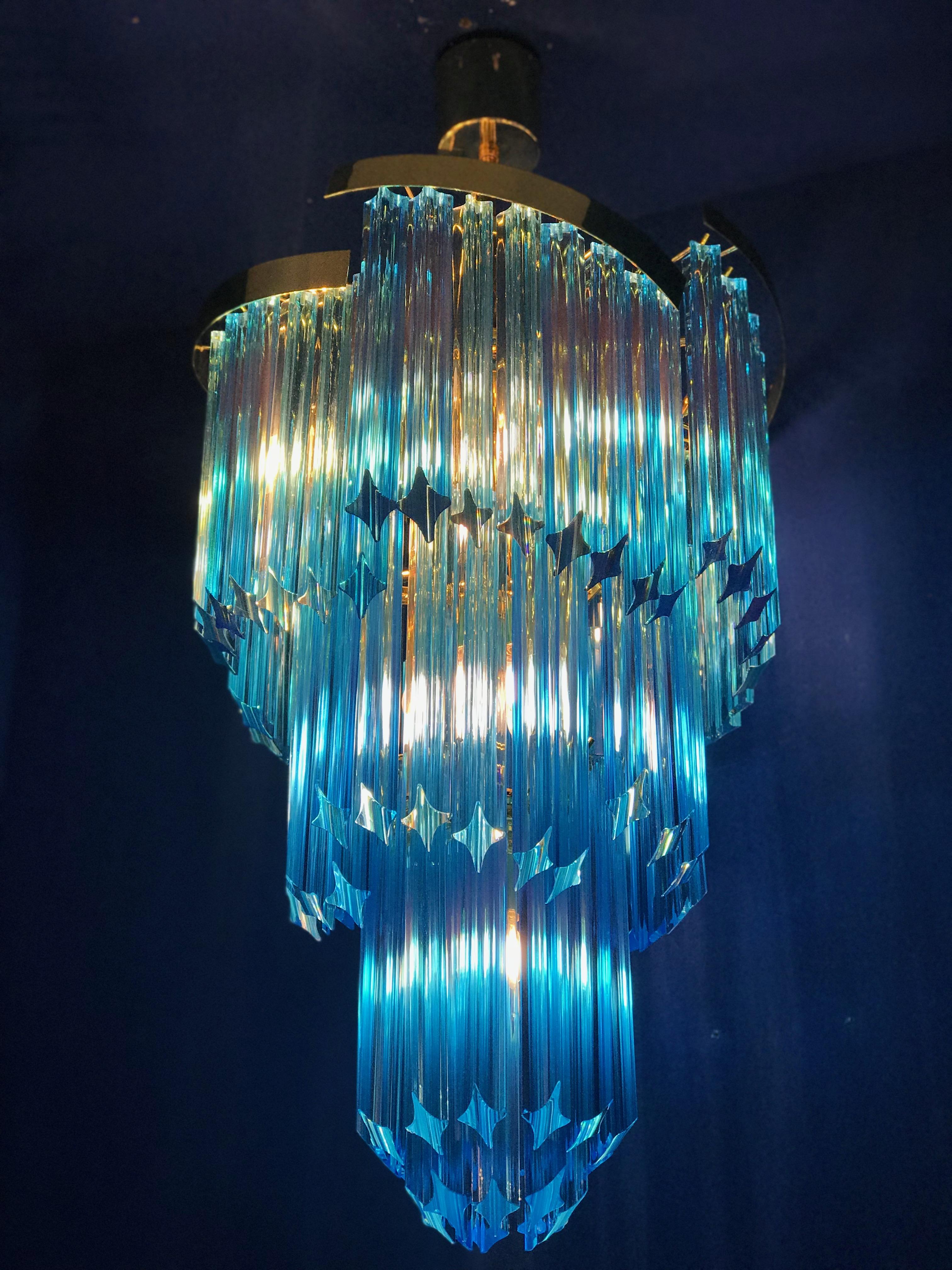 Pair of Blue Murano Prism Chandelier with Golden Frame, 1980 4