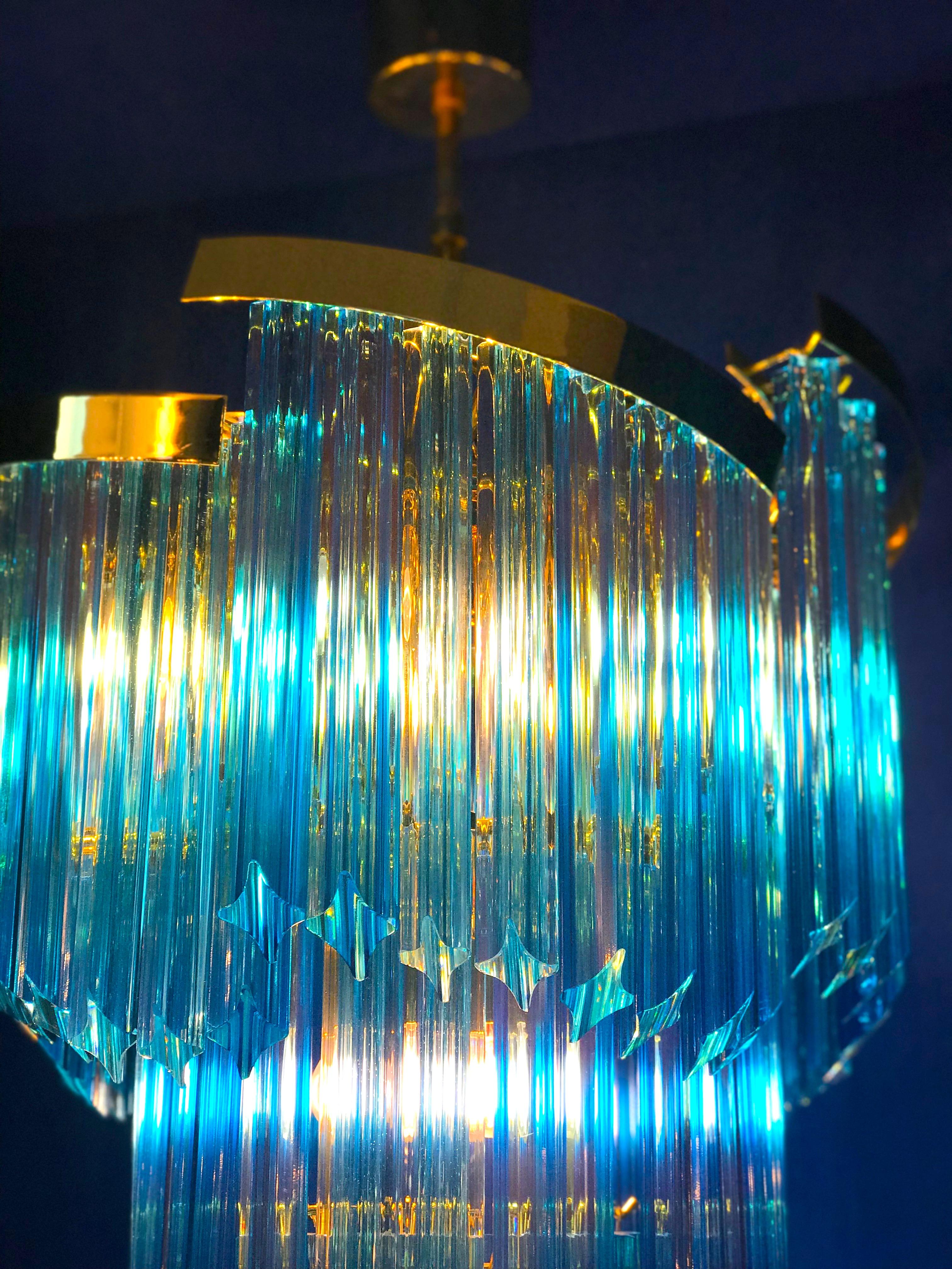Pair of Blue Murano Prism Chandelier with Golden Frame, 1980 For Sale 5