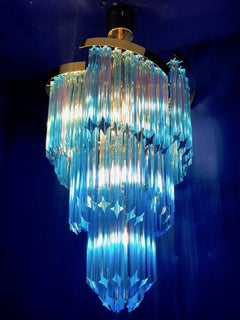 Pair of Blue Murano Prism Chandelier with Golden Frame, 1980