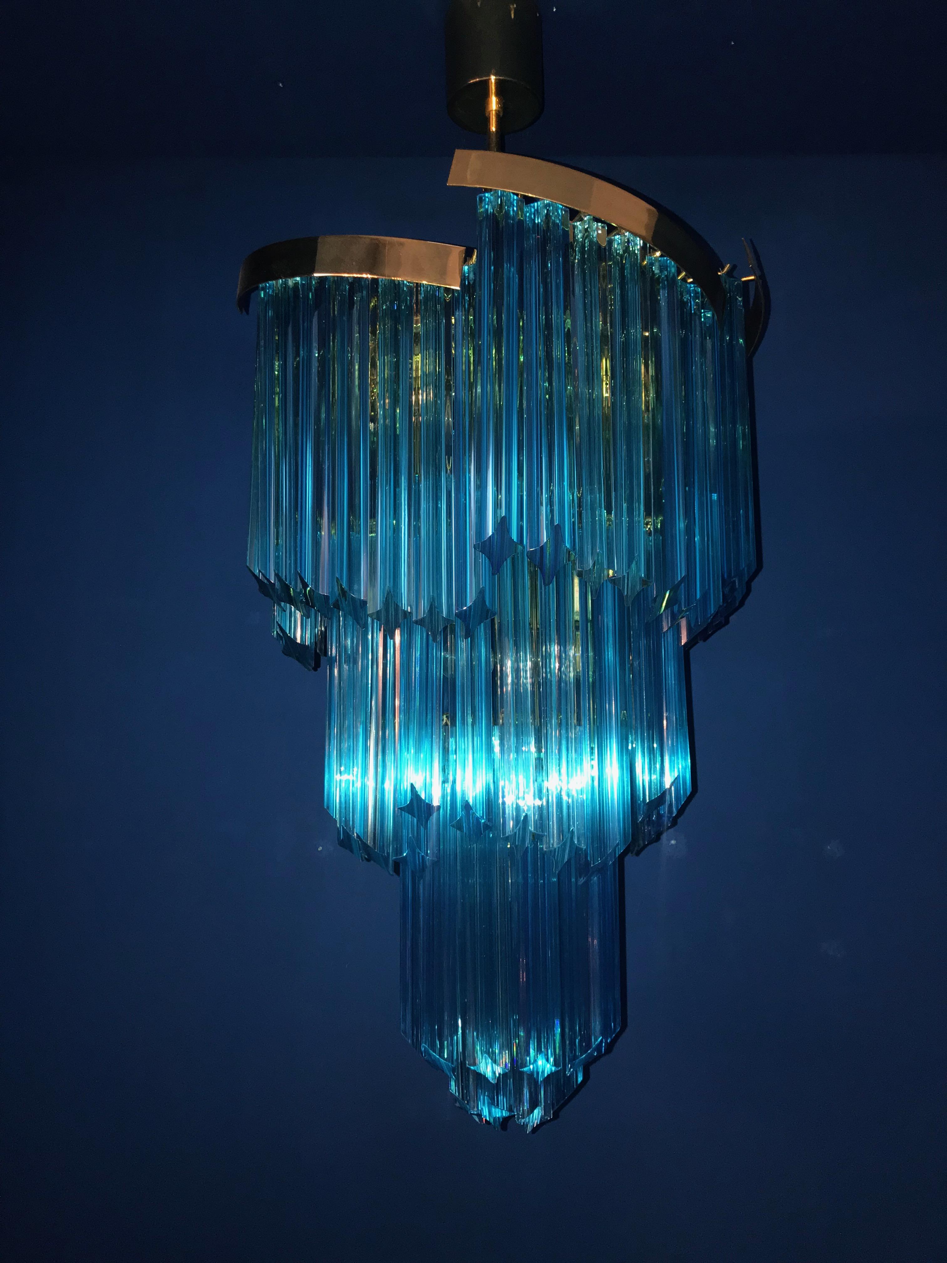 20th Century Pair of Blue Murano Prism Chandelier with Golden Frame, 1980