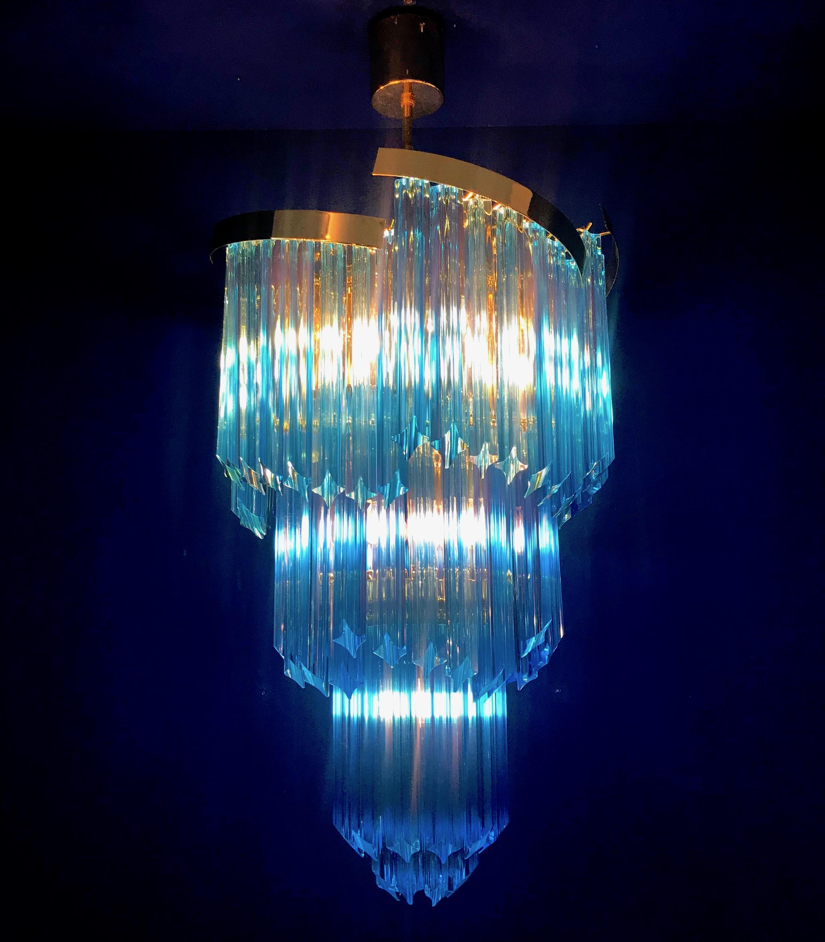 Cut Glass Pair of Blue Murano Prism Chandelier with Golden Frame, 1980