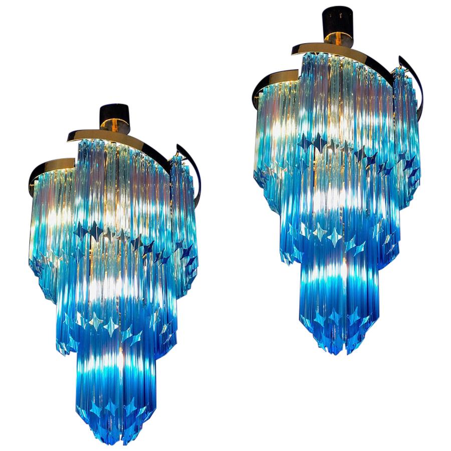 Pair of Blue Murano Prism Chandelier with Golden Frame, 1980 For Sale