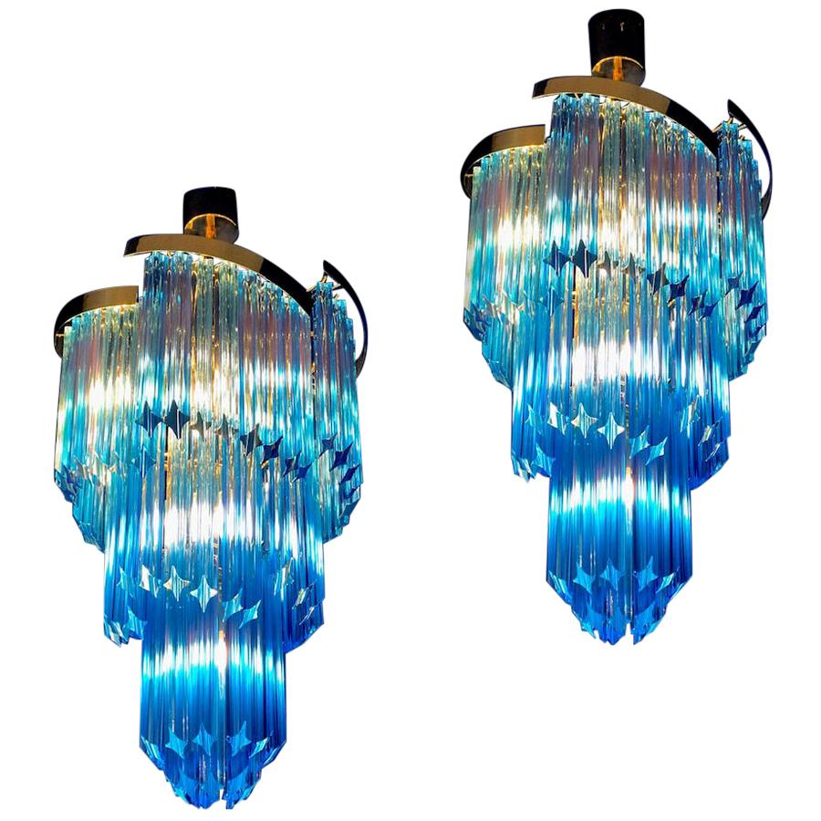 Pair of Blue Murano Prism Chandelier with Golden Frame, 1980 For Sale