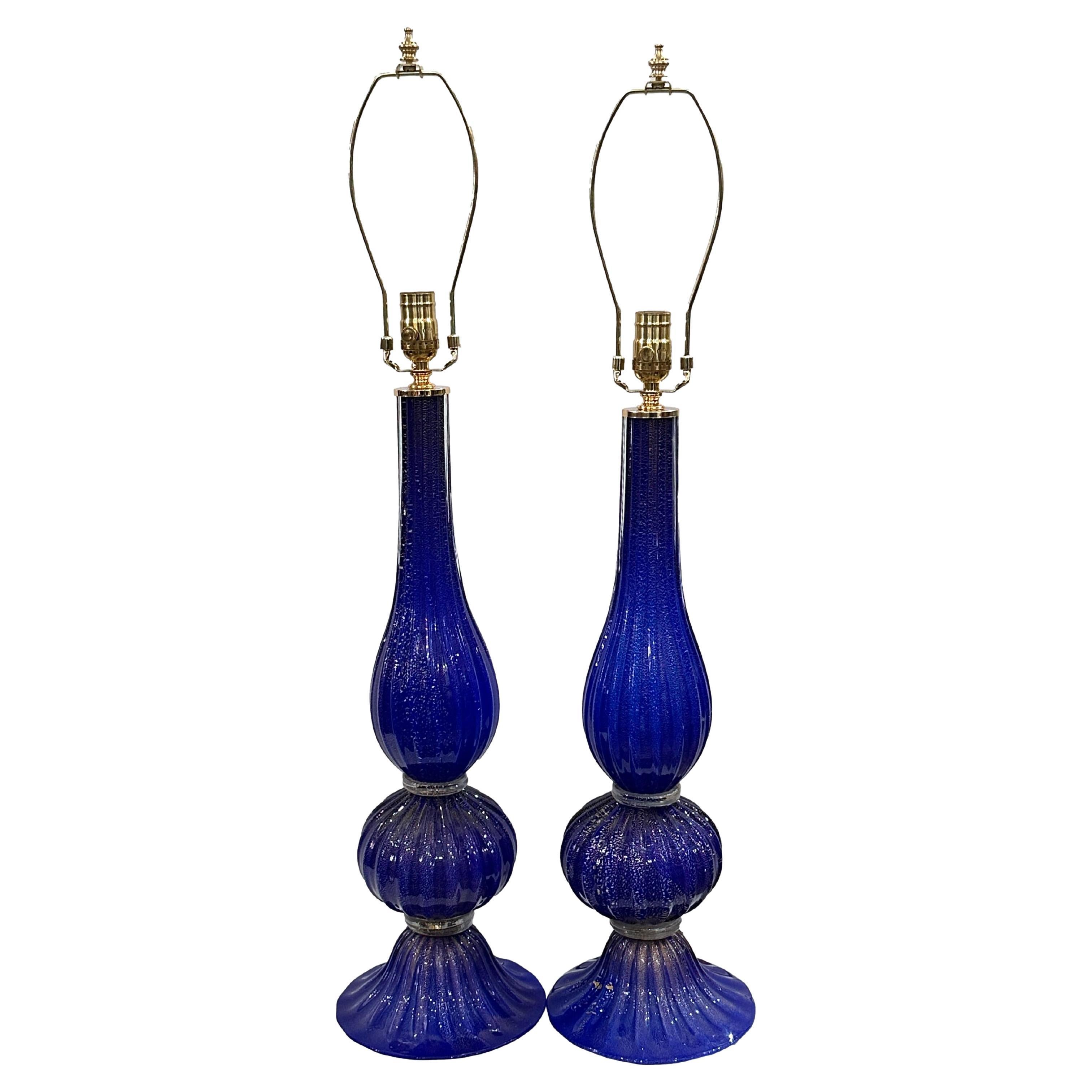 Paire de lampes de table bleue de Murano  en vente