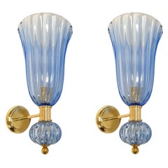 Paire d'appliques néoclassiques de Murano bleues