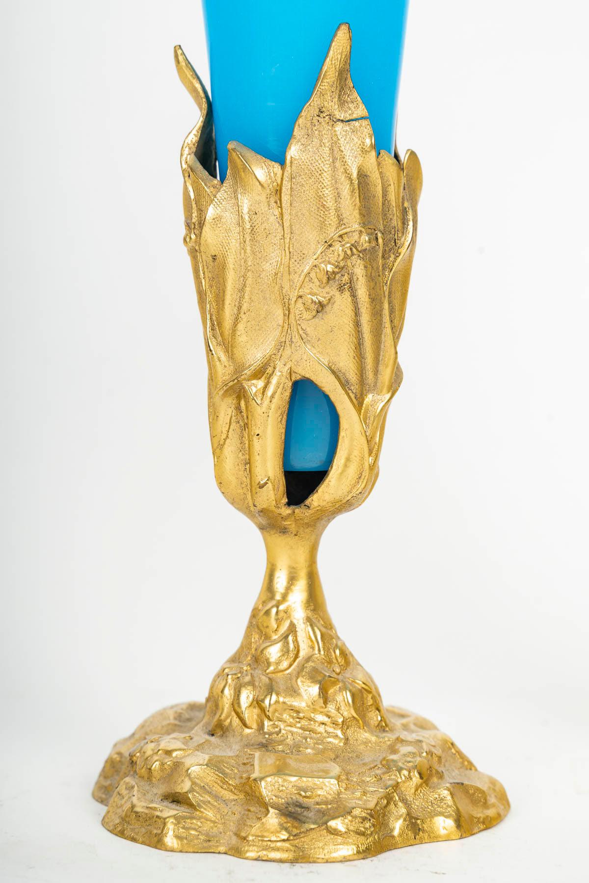 French Pair of Blue Opaline and Gilt Bronze Cornette Vases, Napoleon III Period. For Sale