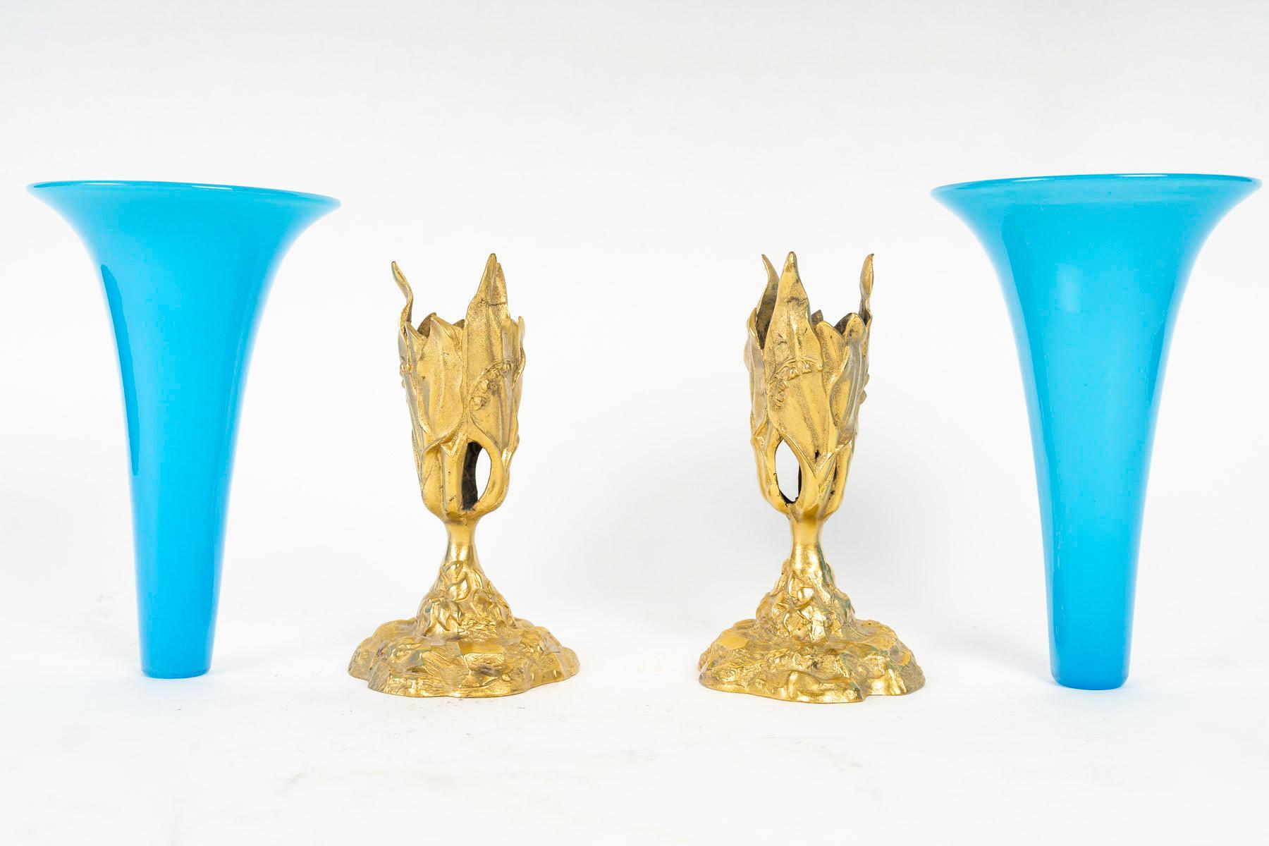 Pair of Blue Opaline and Gilt Bronze Cornette Vases, Napoleon III Period. For Sale 1