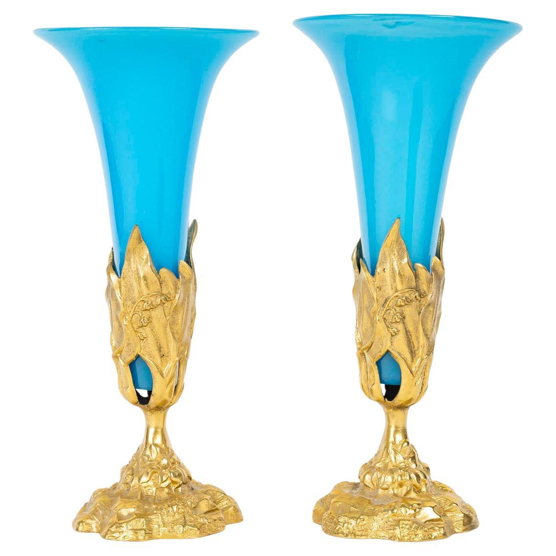 Pair of Blue Opaline and Gilt Bronze Cornette Vases, Napoleon III Period. For Sale