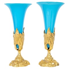 Pair of Blue Opaline and Gilt Bronze Cornette Vases, Napoleon III Period.