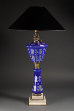Pair of Blue Overlay Glass Lamps with Marble Base