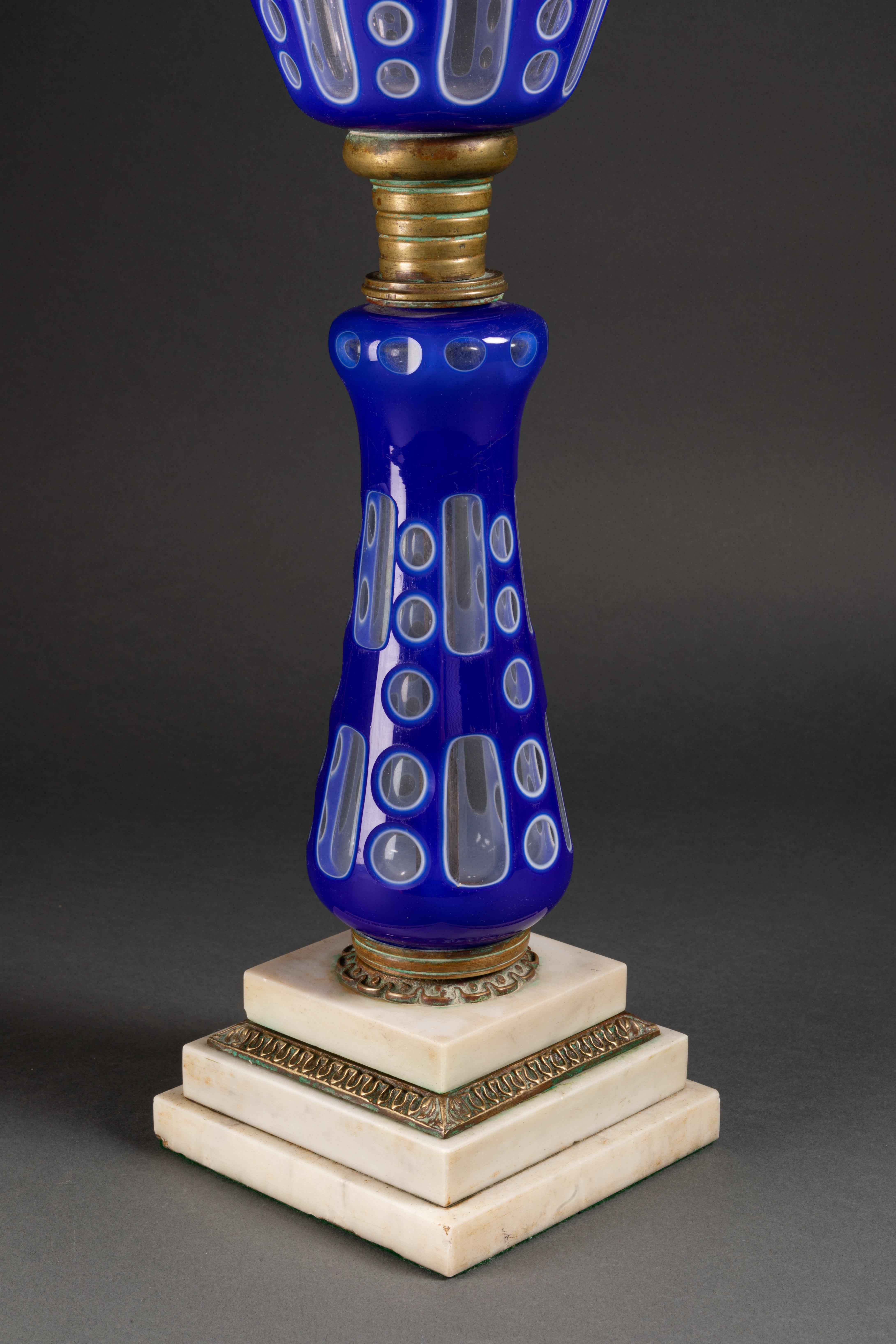 19th Century Pair of Blue Overlay Glass Lamps with Marble Base For Sale