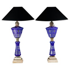 Pair of Blue Overlay Glass Lamps with Marble Base