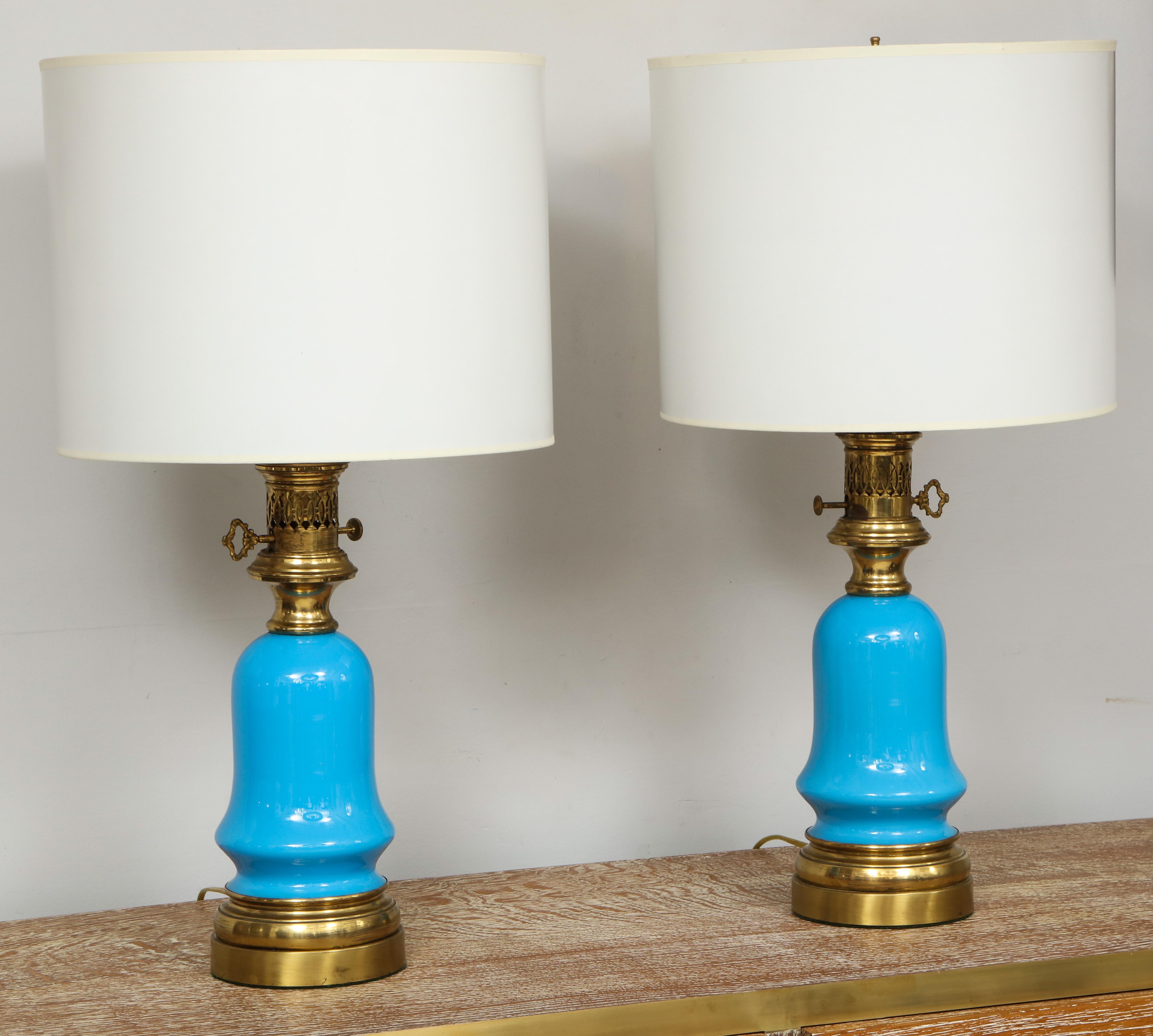 French Pair of Blue Opaline Glass Lamps