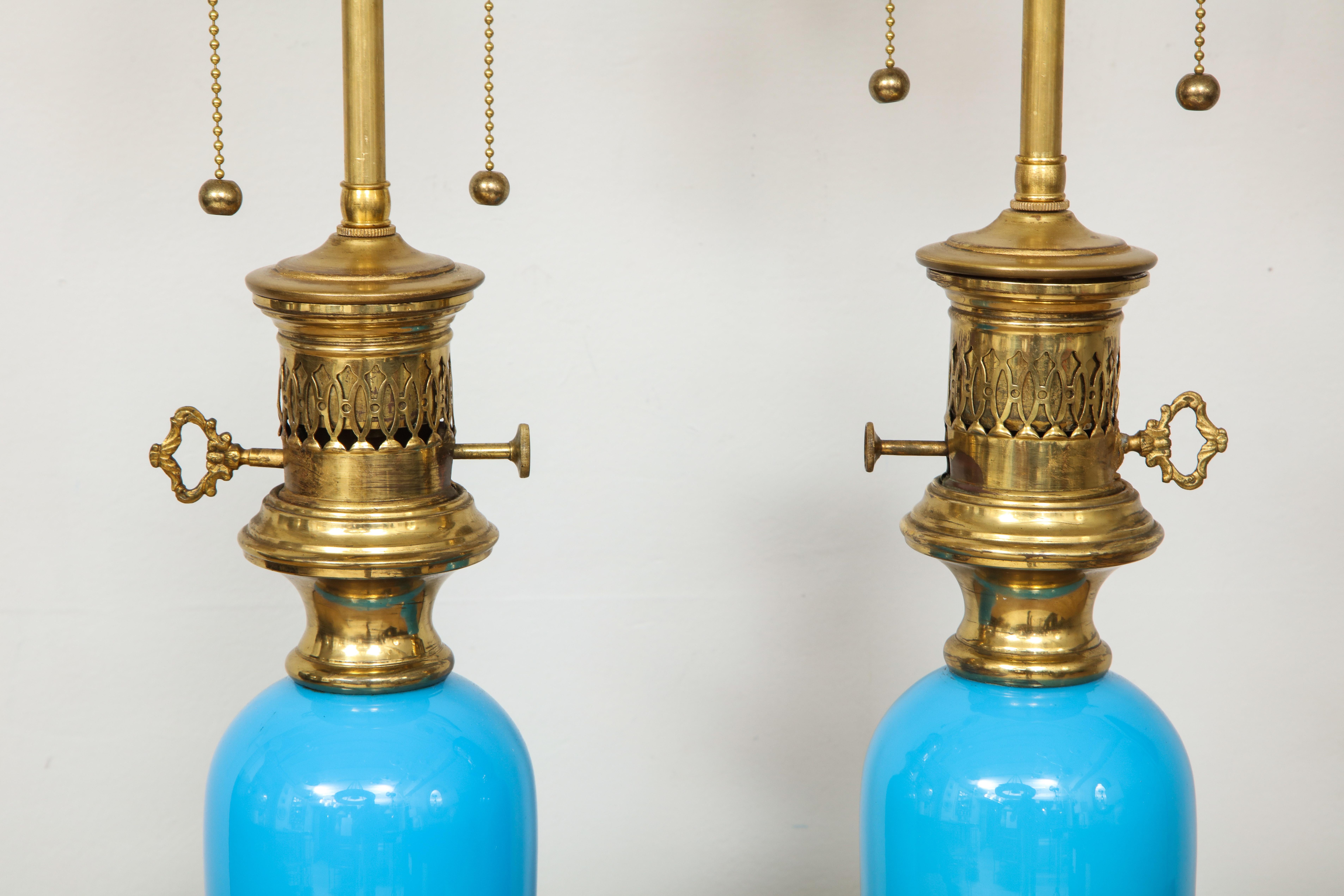 Pair of Blue Opaline Glass Lamps In Good Condition In New York, NY