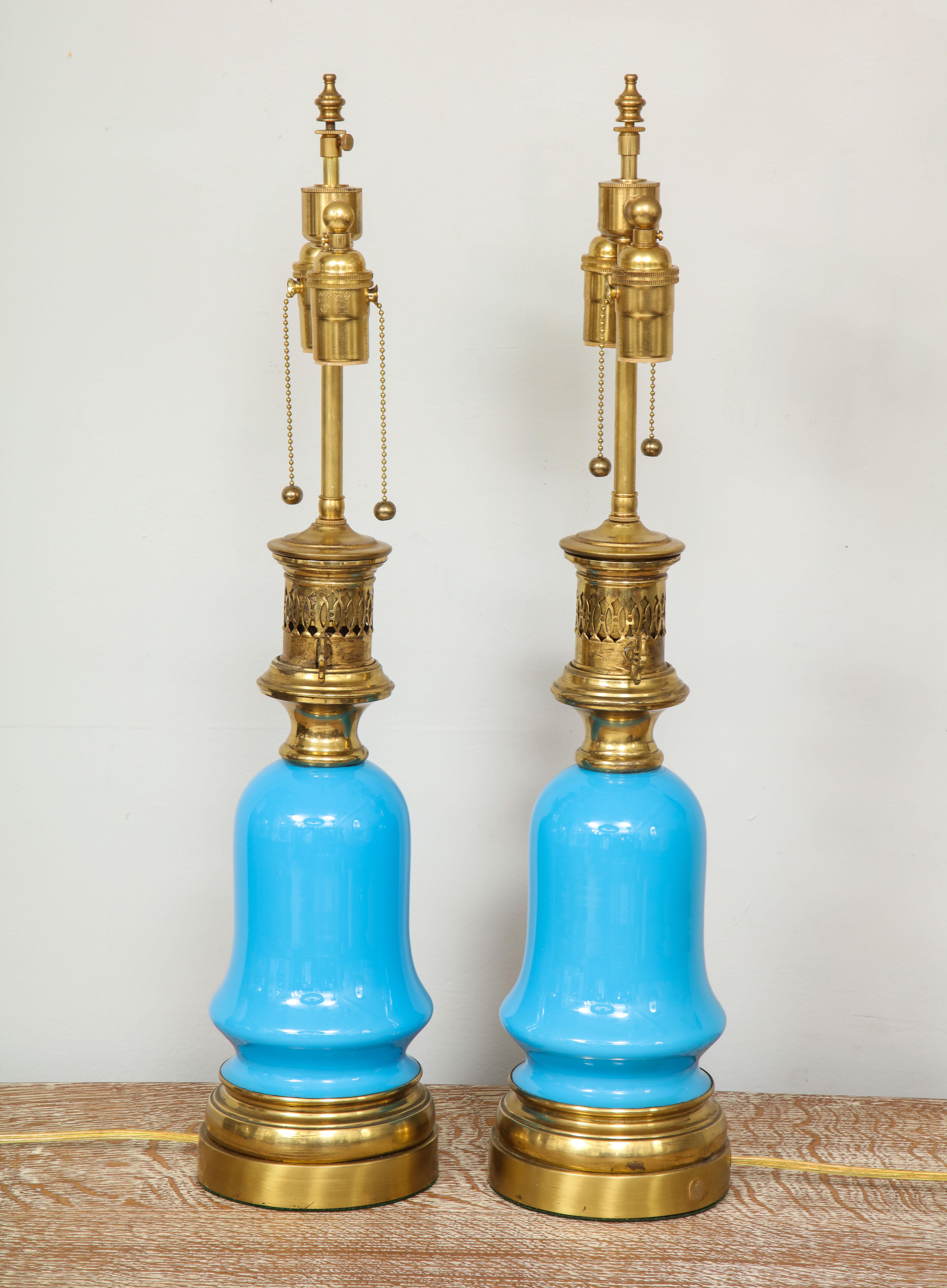 Pair of Blue Opaline Glass Lamps 1