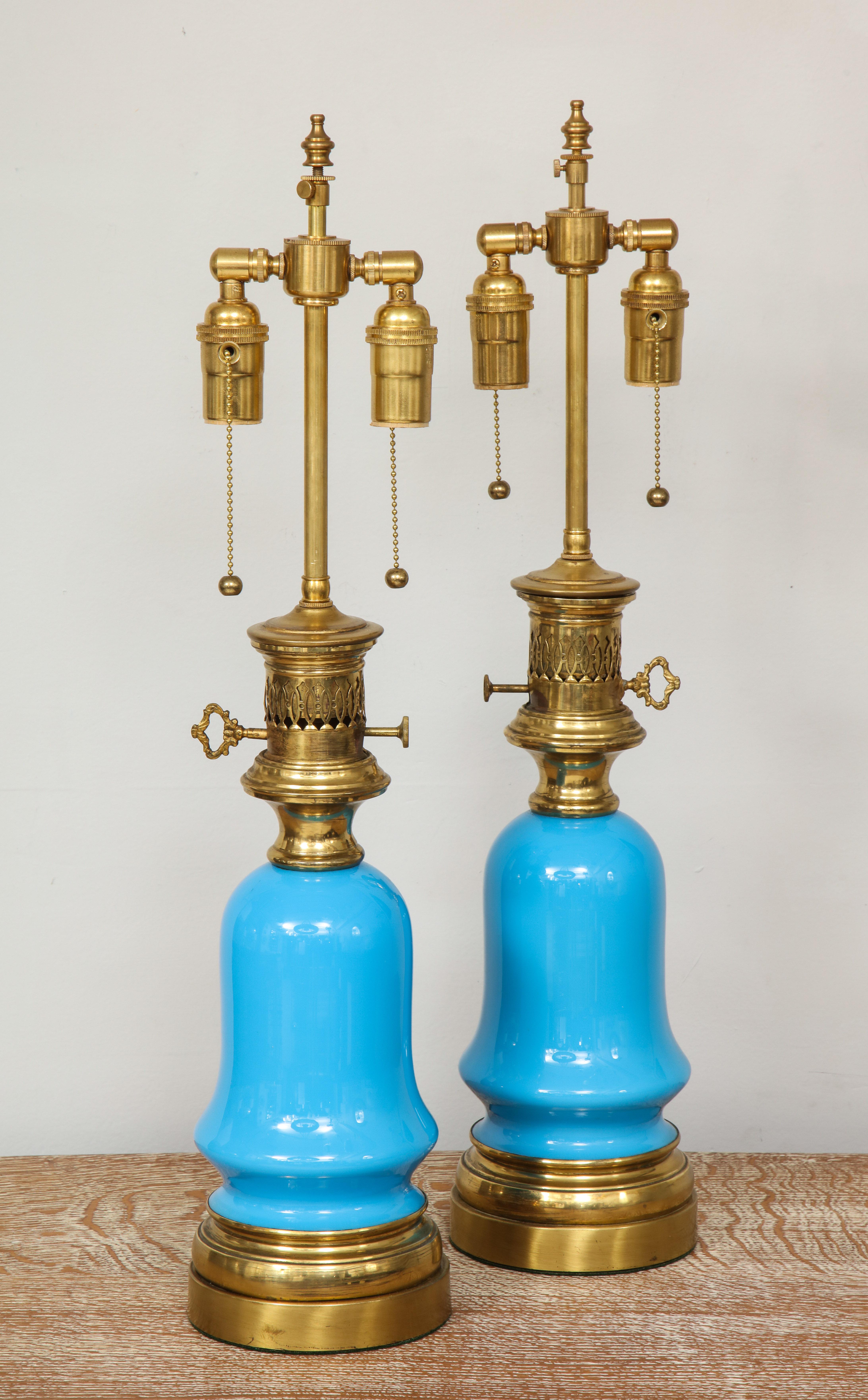 Pair of Blue Opaline Glass Lamps 3