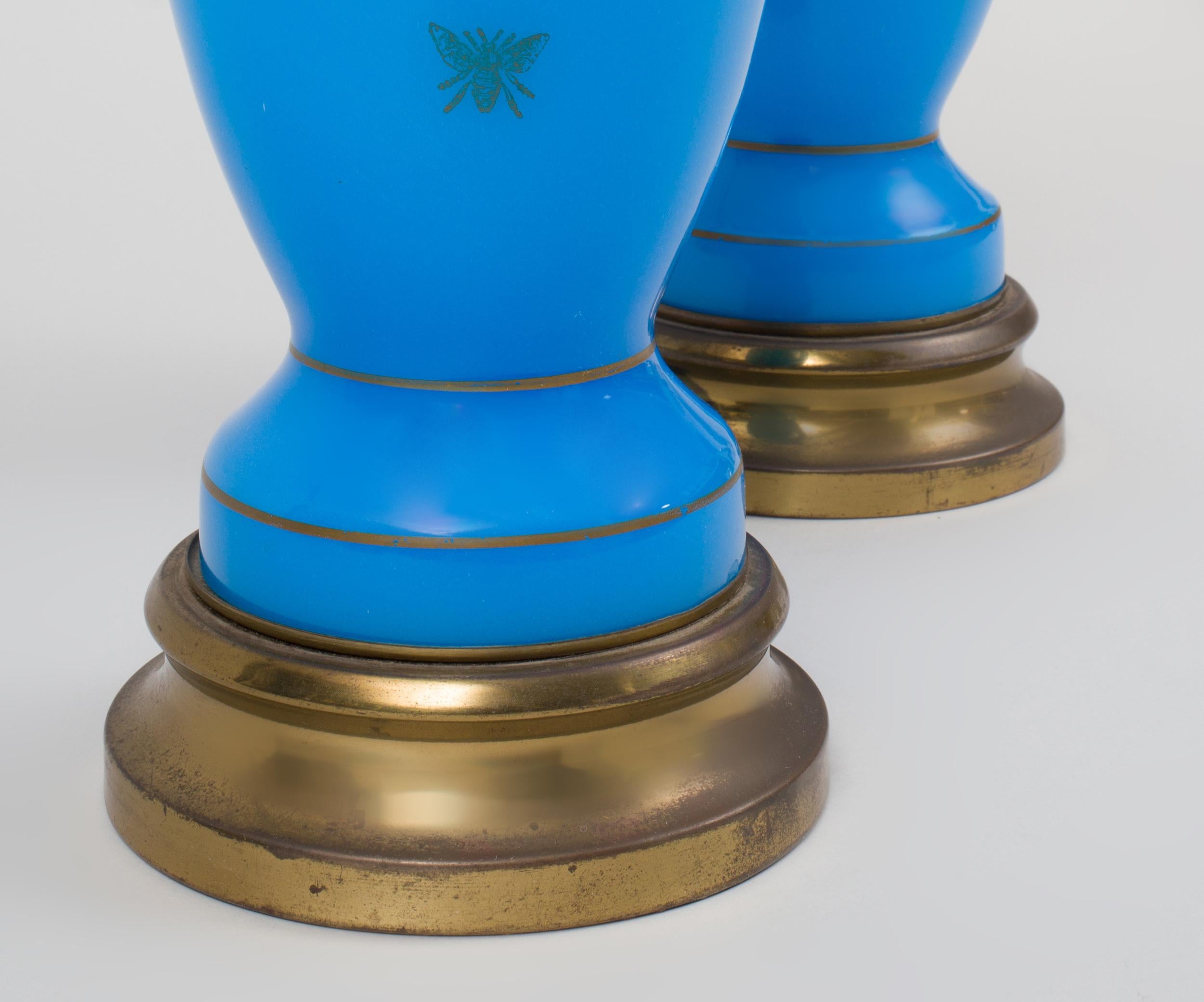 Neoclassical Pair of Blue Opaline Glass Lamps with Bee Decoration
