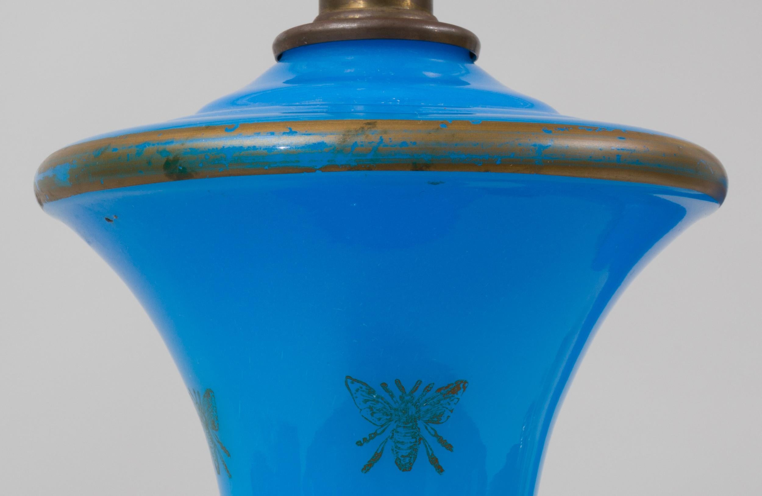 French Pair of Blue Opaline Glass Lamps with Bee Decoration