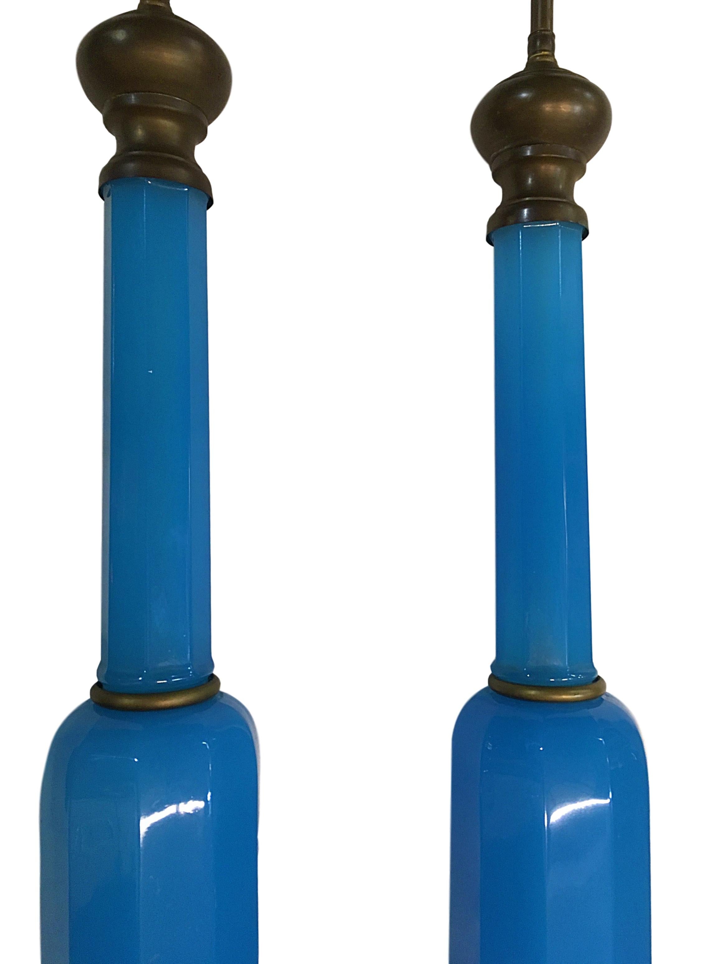 French Pair of Blue Opaline Glass Table Lamps