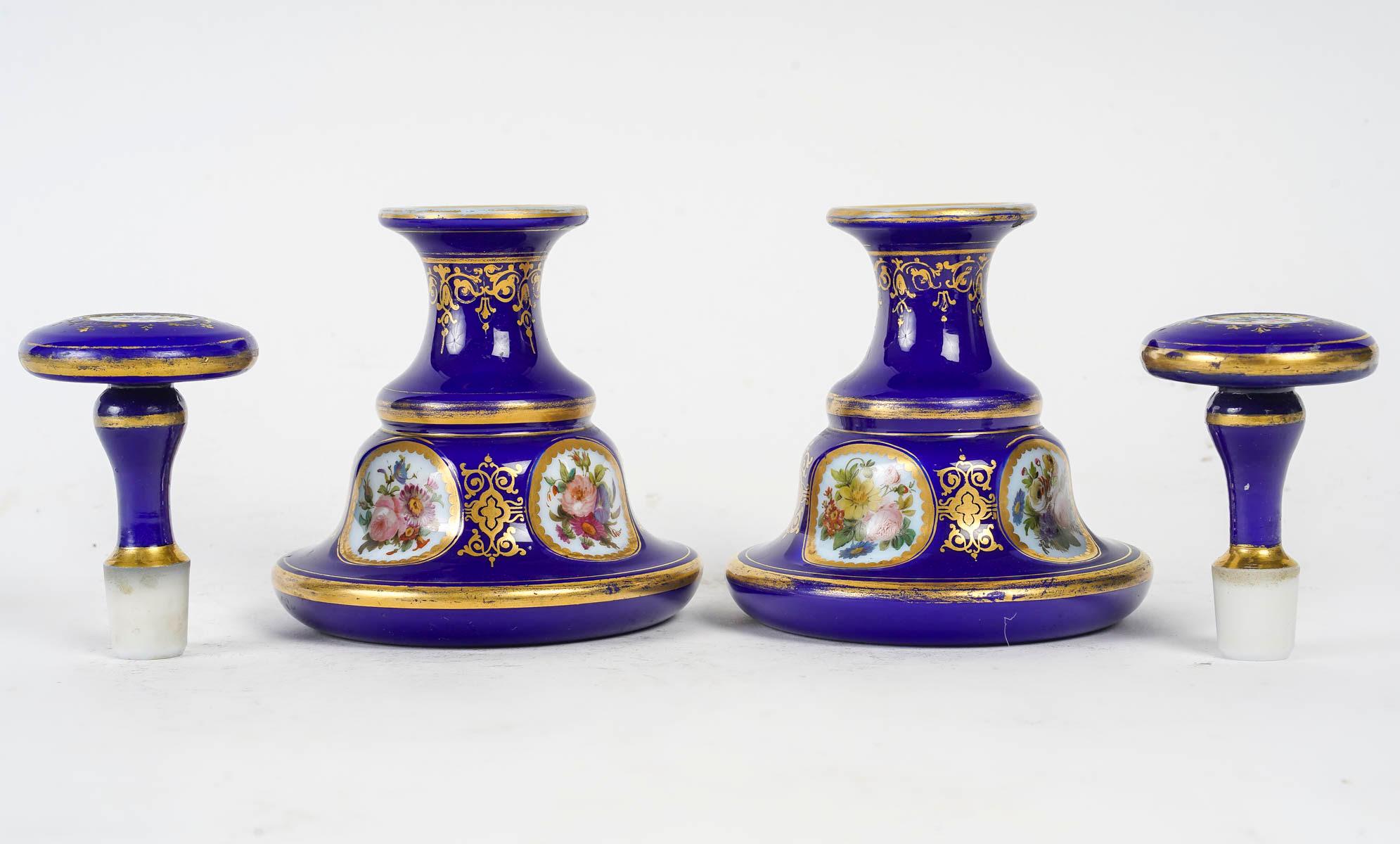 French Pair of Blue Opaline Overlay Bottles, 19th Century, Napoleon III Period. For Sale
