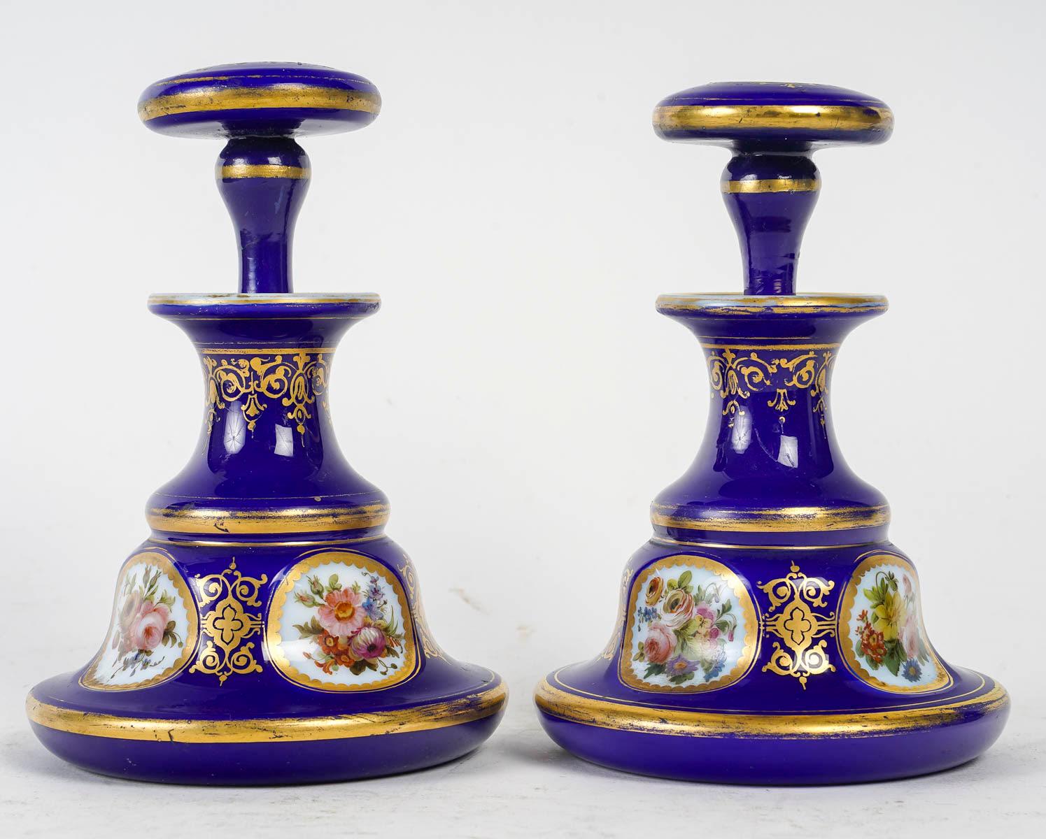 Pair of Blue Opaline Overlay Bottles, 19th Century, Napoleon III Period. For Sale 1