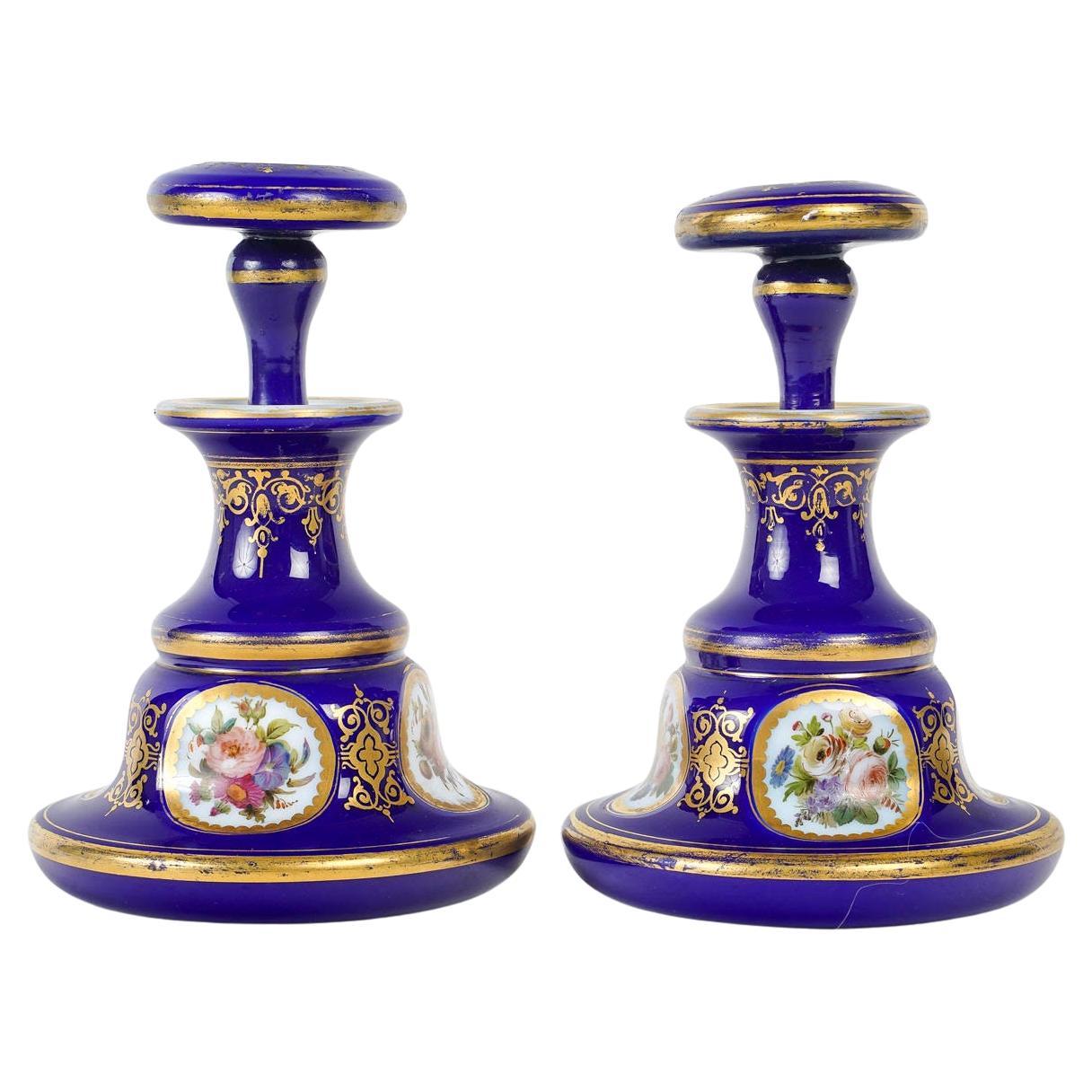 Pair of Blue Opaline Overlay Bottles, 19th Century, Napoleon III Period. For Sale