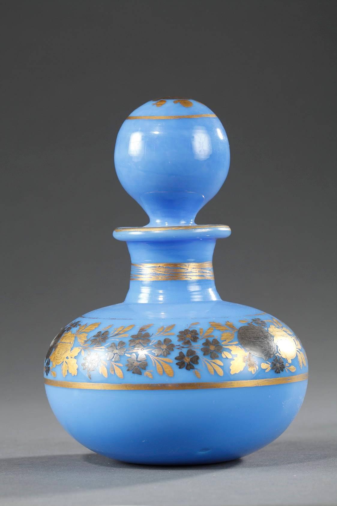 French Pair of Blue Opaline Perfume Bottles Decorated by Desvignes For Sale