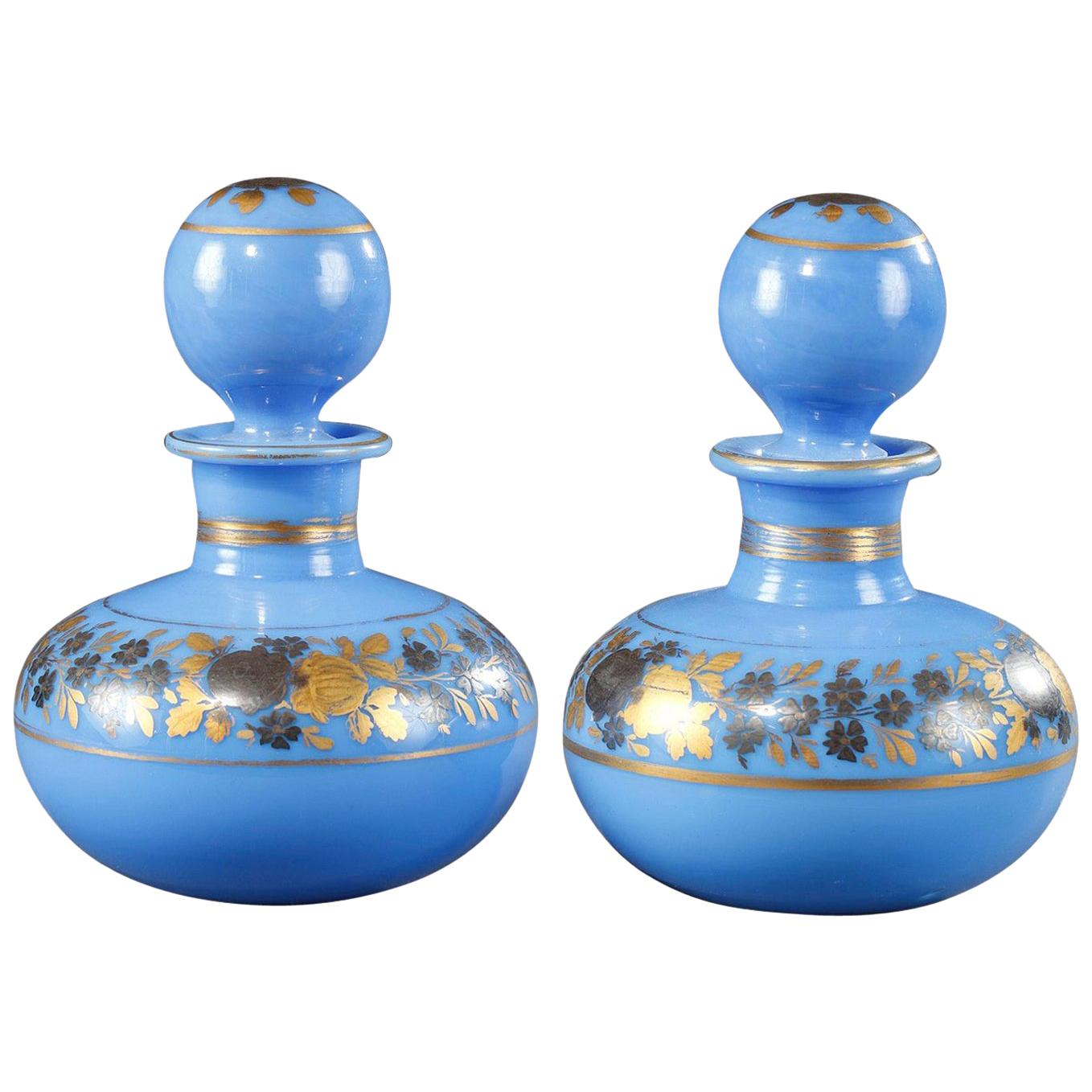 Pair of Blue Opaline Perfume Bottles Decorated by Desvignes For Sale