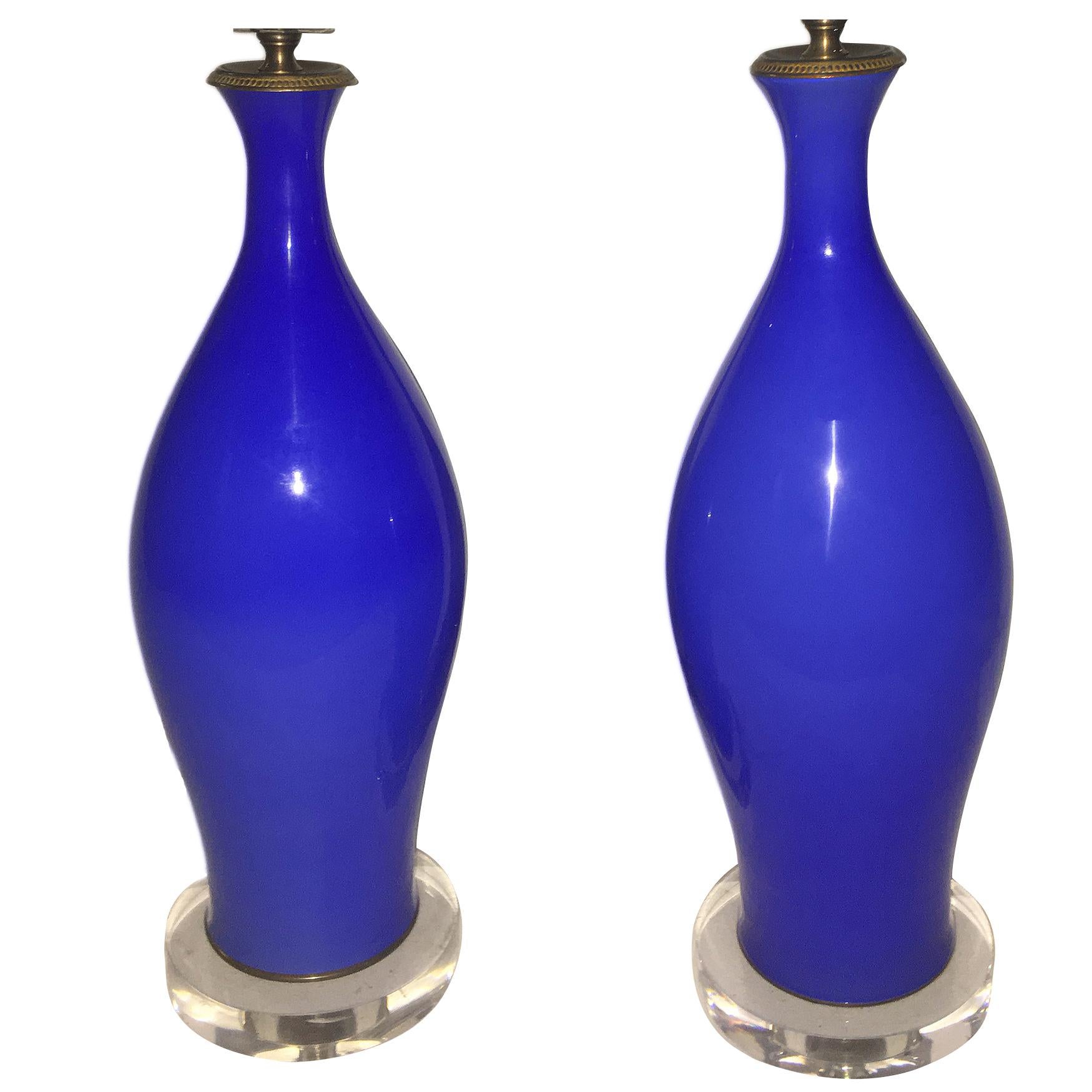 Pair of Blue Opaline Table Lamps For Sale