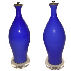 Pair of Blue Opaline Table Lamps