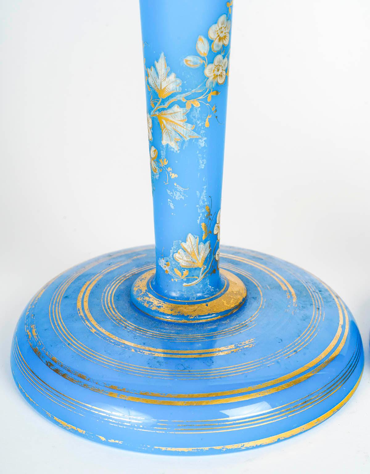 French Pair of Blue Opaline Vases, 19th Century, Napoleon III Period.