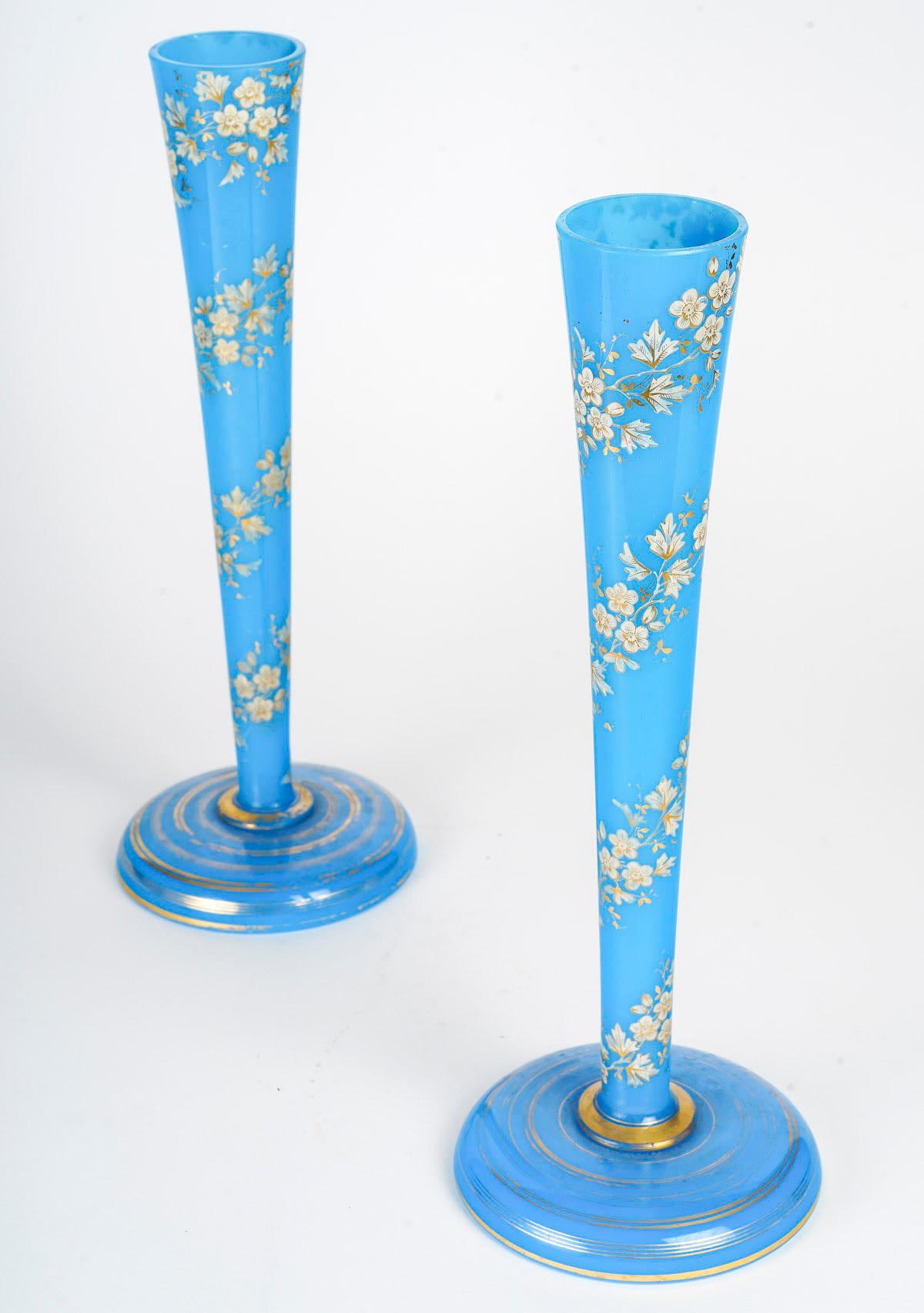 Pair of Blue Opaline Vases, 19th Century, Napoleon III Period. In Good Condition In Saint-Ouen, FR