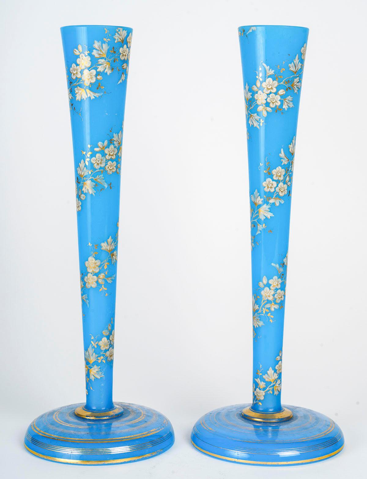 Opaline Glass Pair of Blue Opaline Vases, 19th Century, Napoleon III Period.