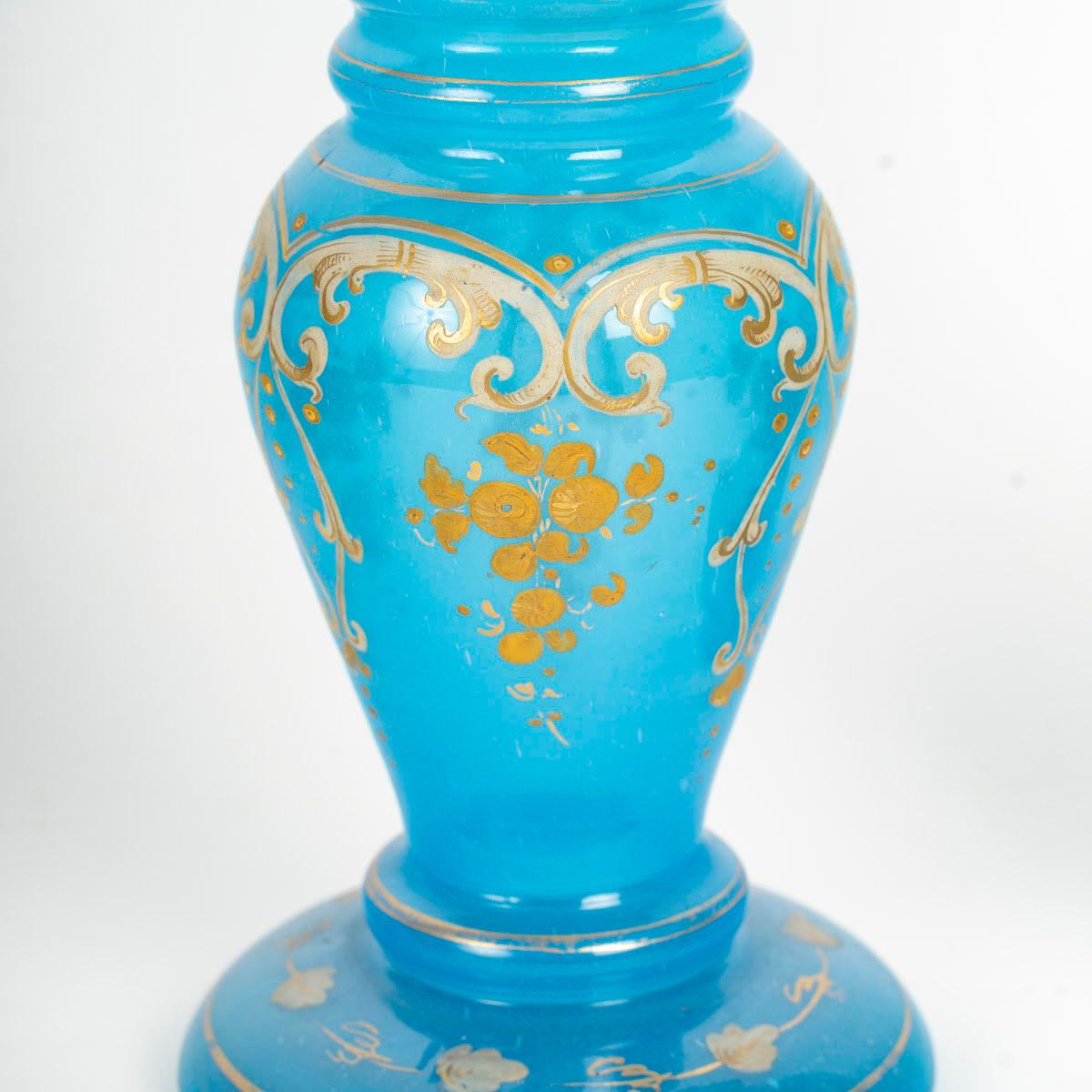 French Pair of Blue Opaline Vases with Gold Accents, 19th Century, Napoleon III Period. For Sale