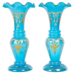 Pair of Blue Opaline Vases with Gold Accents, 19th Century, Napoleon III Period.