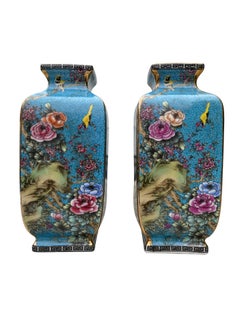 Pair of Blue Oriental Hand Painted Vases, 20th Century