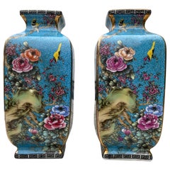 Vintage Pair of Blue Oriental Hand Painted Vases, 20th Century