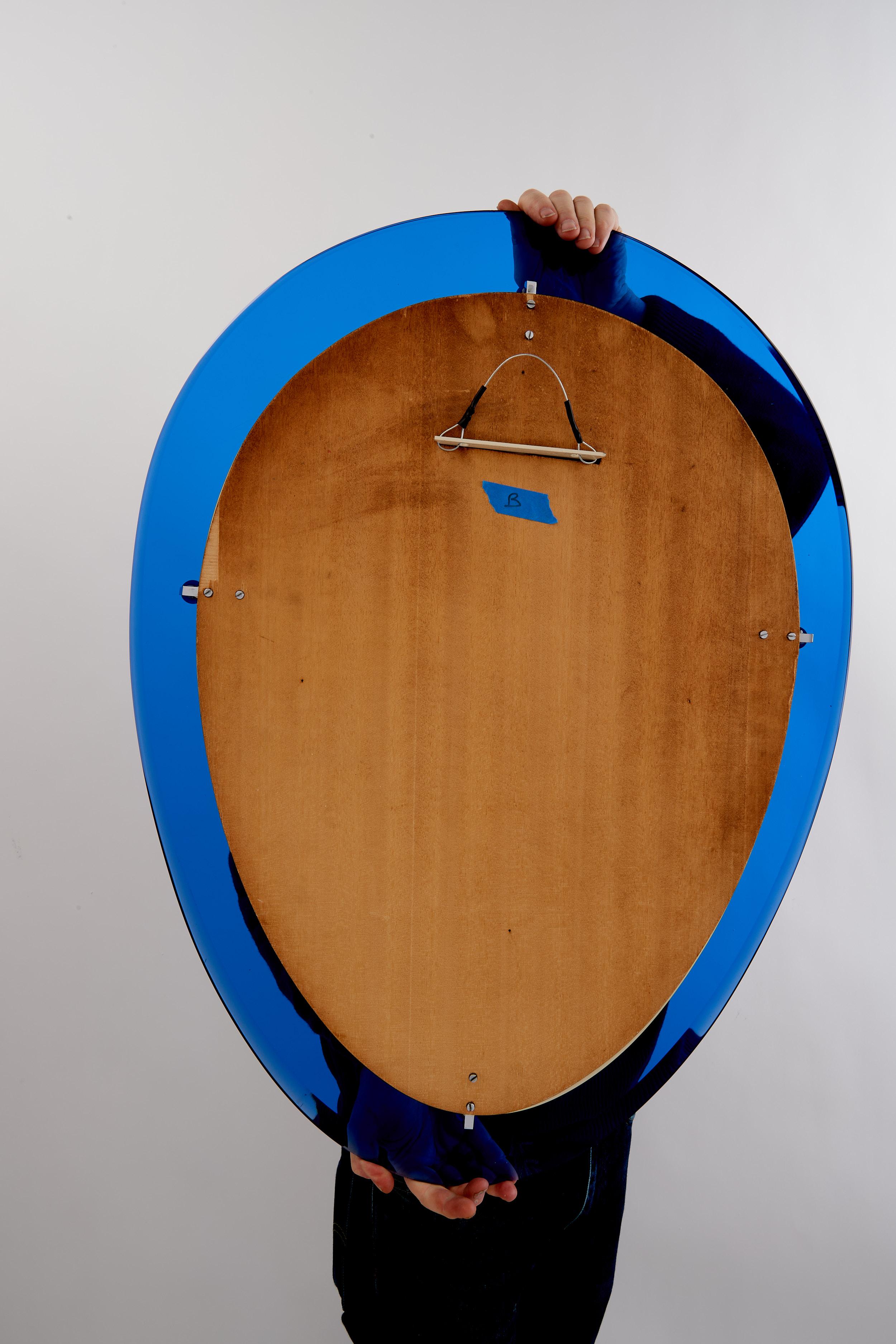 Pair of Blue Oval Shaped Glass Mirrors, Italy, 1960s For Sale 6