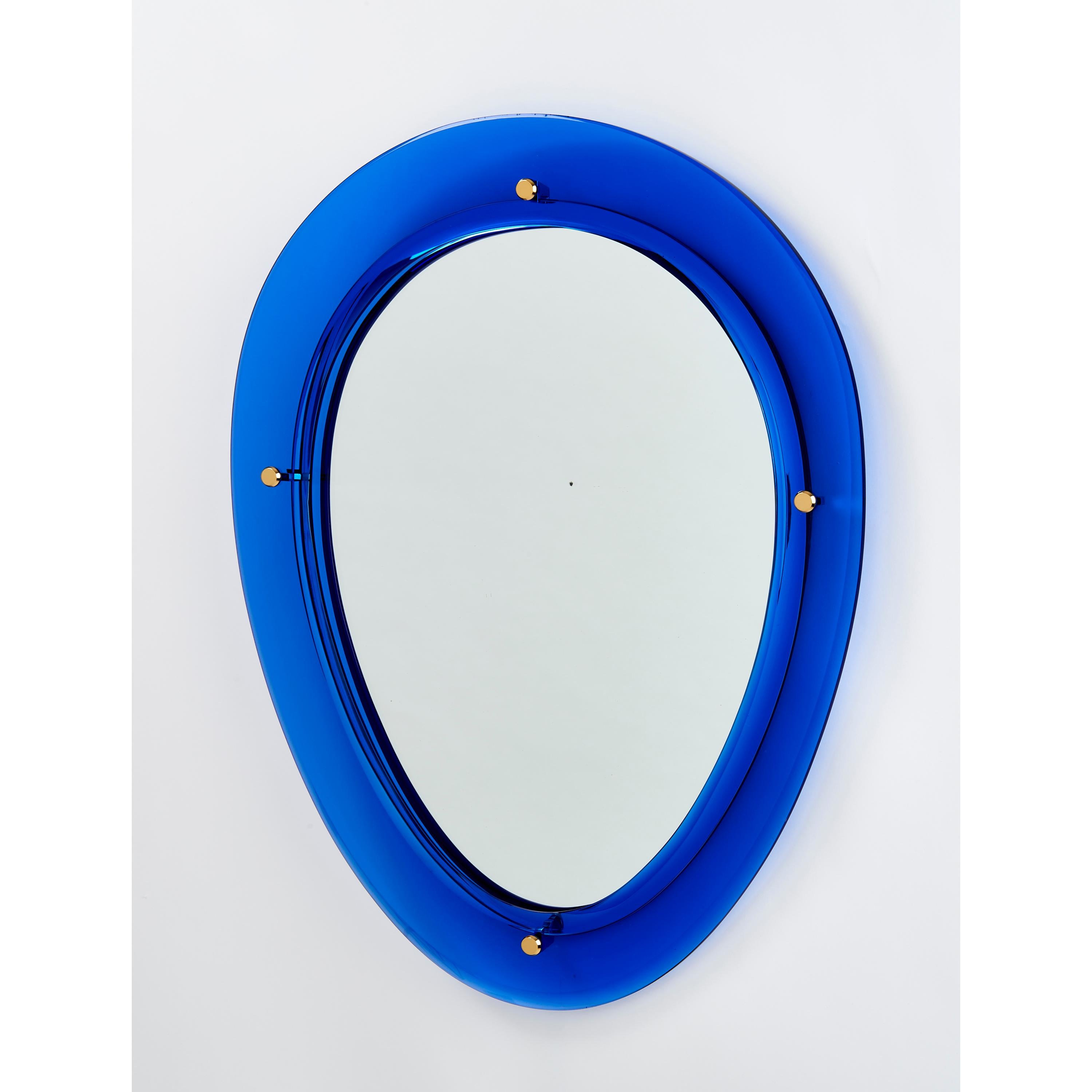 Mid-Century Modern Pair of Blue Oval Shaped Glass Mirrors, Italy, 1960s For Sale