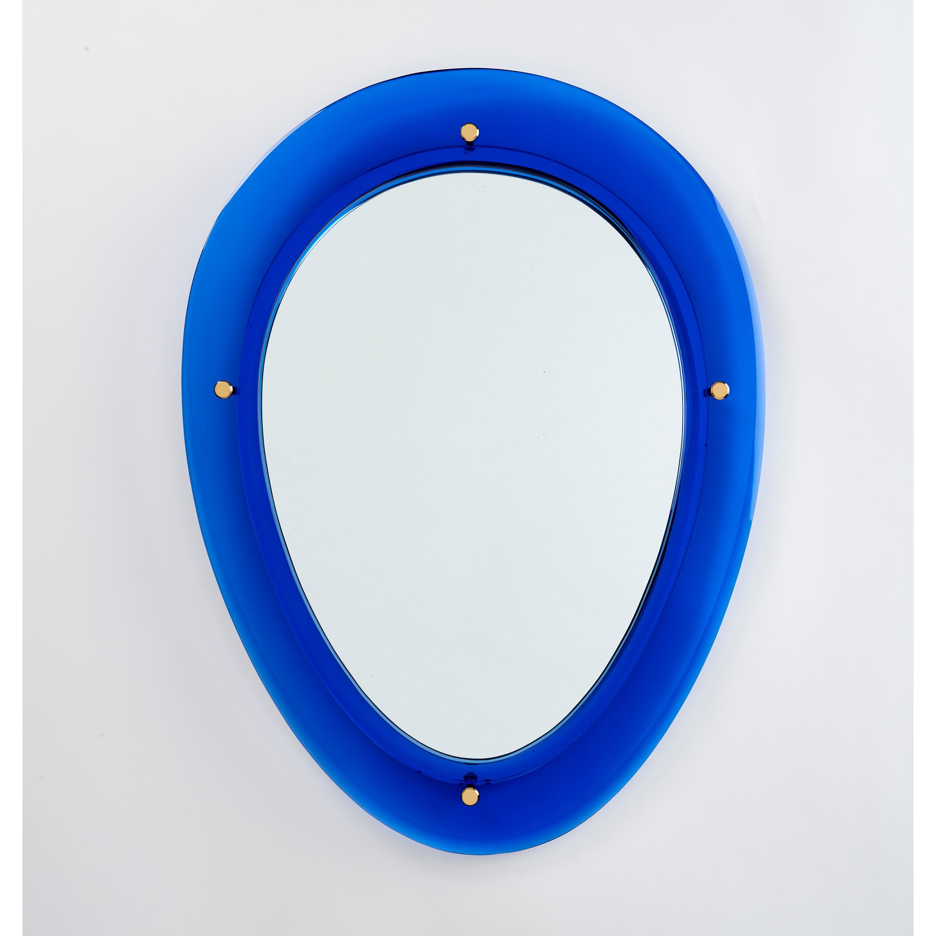 Mid-20th Century Pair of Blue Oval Shaped Glass Mirrors, Italy, 1960s For Sale