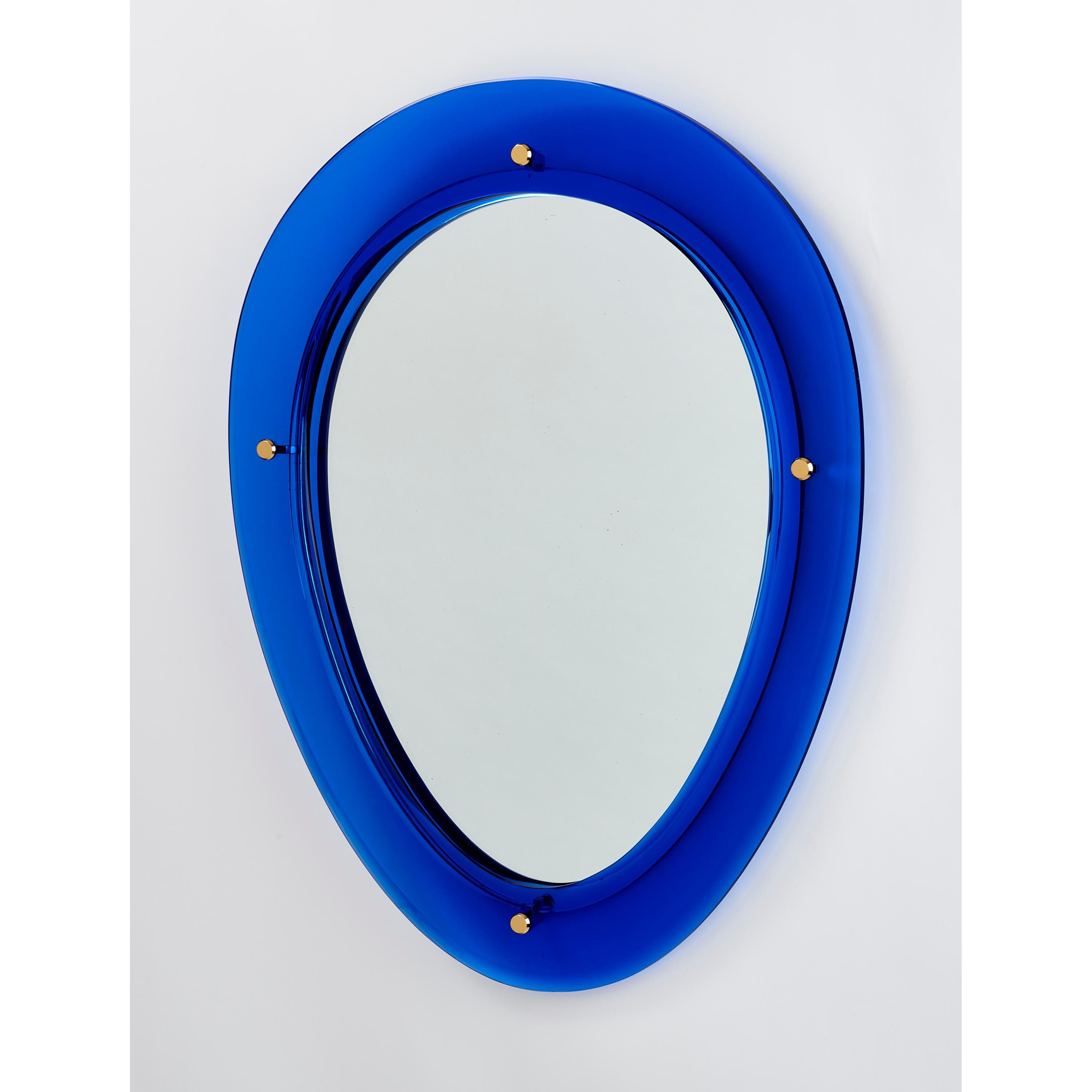 Pair of Blue Oval Shaped Glass Mirrors, Italy, 1960s For Sale 1