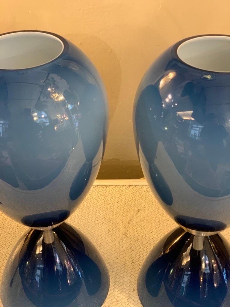 Pair of Blue Overlay Blown Glass Murano Hourglass Table Lamps, 1950s For Sale 2